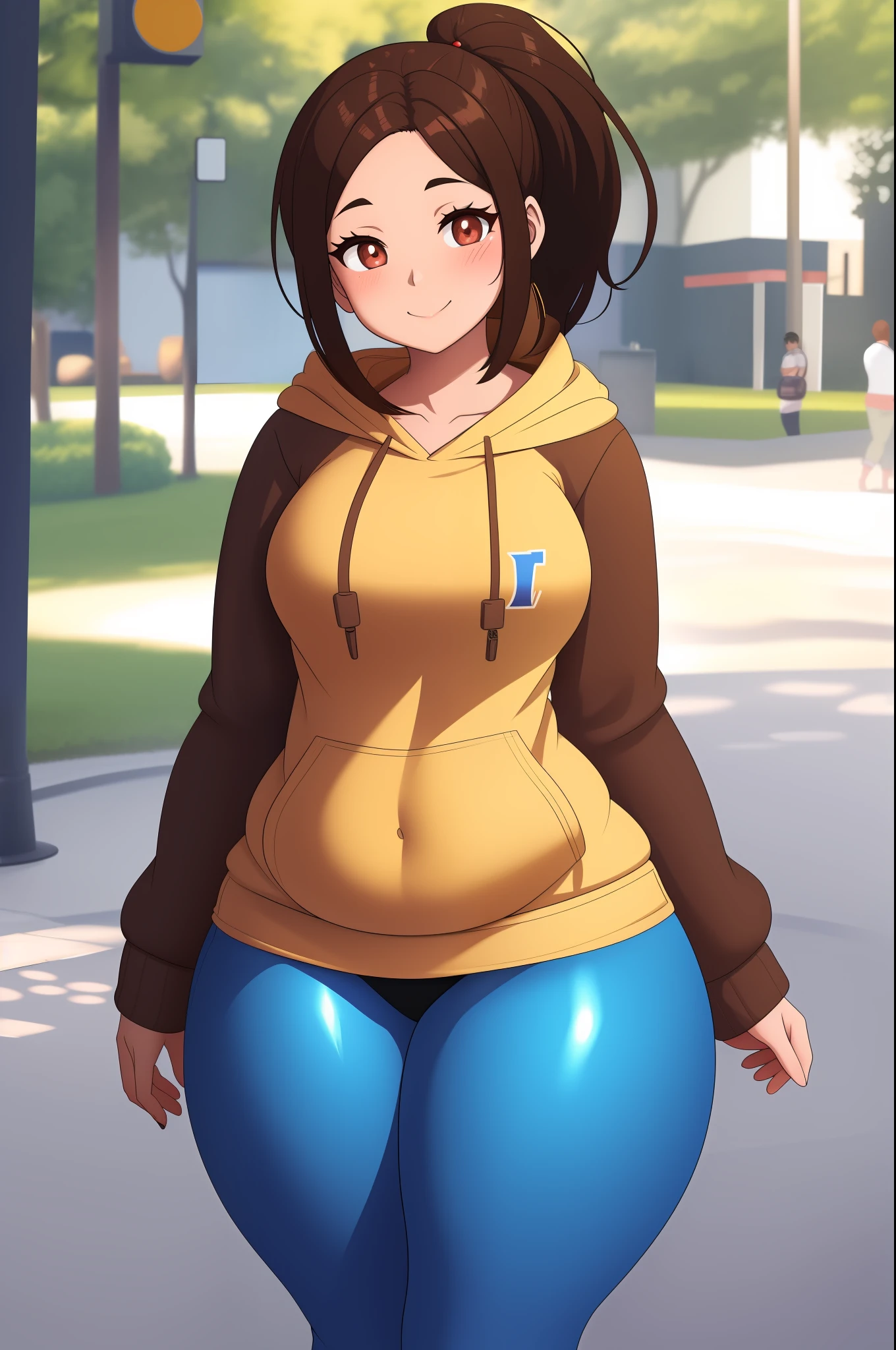 brown medium sized hair, in a ponytail, her hair is fluffy and messy. her eyes are brown and she has a blushing smile, she has a white skin complexation. she is wearing a hoodie and leggings, she is pudgy, thick thighs, wide hips, medium breasts, soft belly, and if you can put the background as a park, smooth anime cg art, wide hips, commission for high res, full body portrait of a short!, (sfw) safe for work