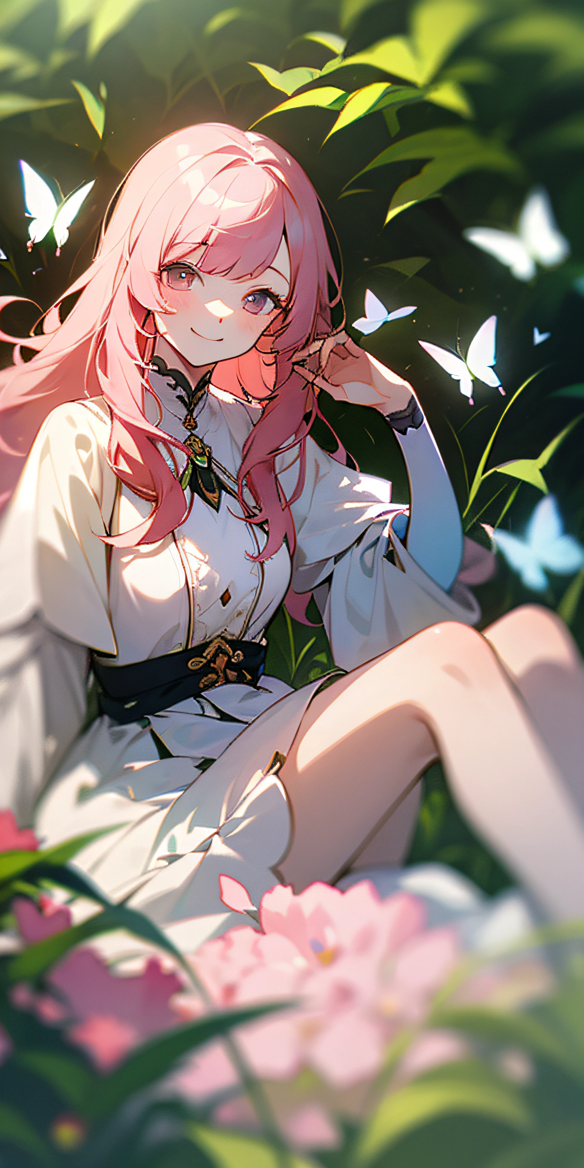 tmasterpiece，best qualtiy），Has long pale pink hair,Bangs girl sitting in a field of green trees and flowers，she's smiling, The wind ruffles the hair，warmly lit，white dresses，Blurred foreground,exquisite detailing, There are butterflies, Top-down view