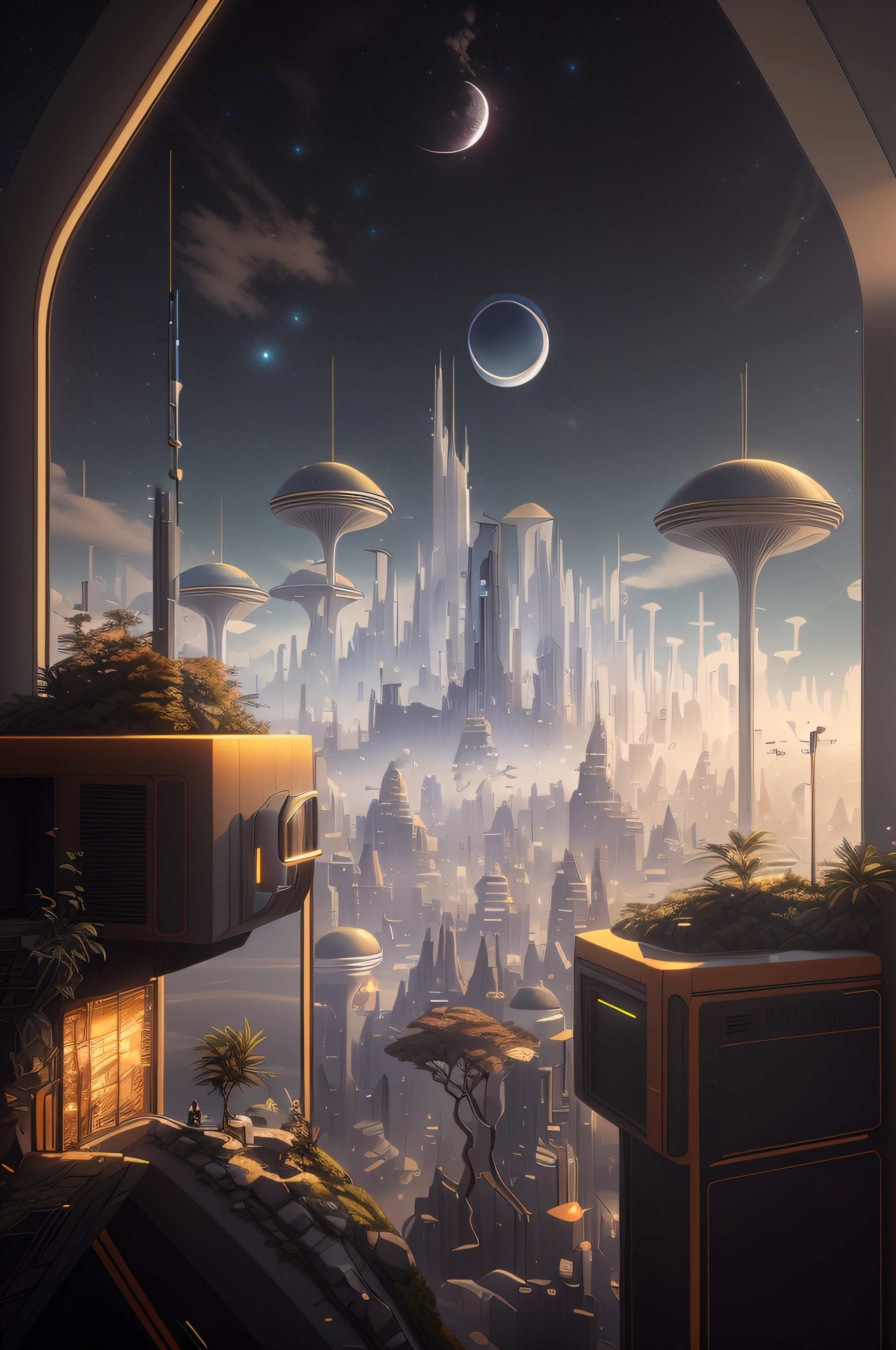 A realistically defined view of a futuristic city with a futuristic sky and a moon, arstation e beeple Highly, Greg Beeple, em estilo de beeple, Artem Demura Beeple, Beeple Daily Art, Beeple artwork, Beeple Art, Beeple e Tim Hildebrandt