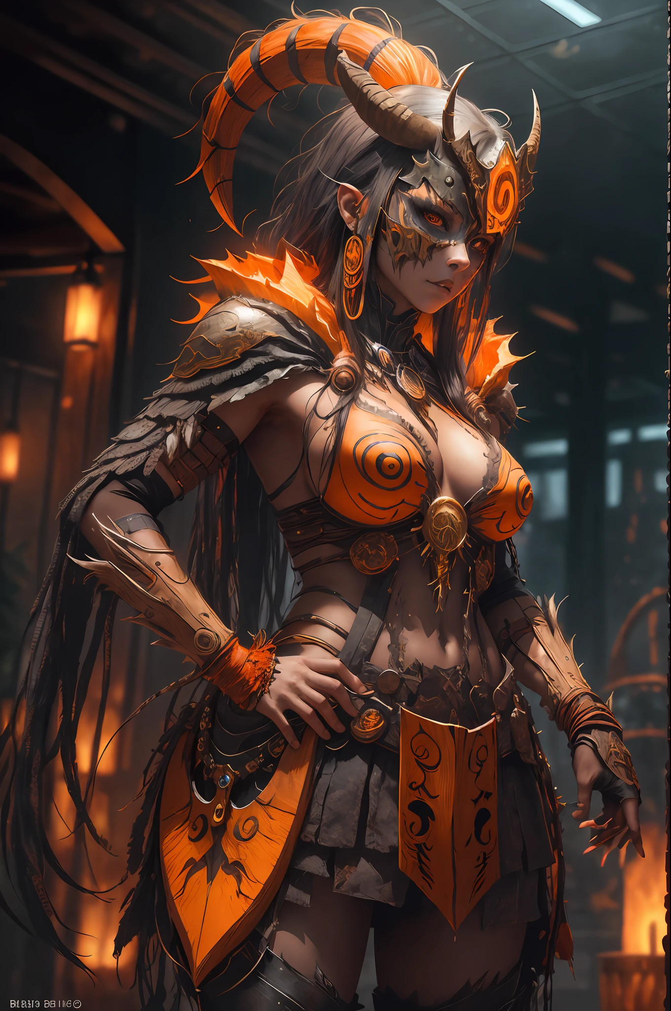 sh4g0d,
girl shaman, wearing mask made of wood, portrait, standing in an s-shape, orange ringlets, sexy breast