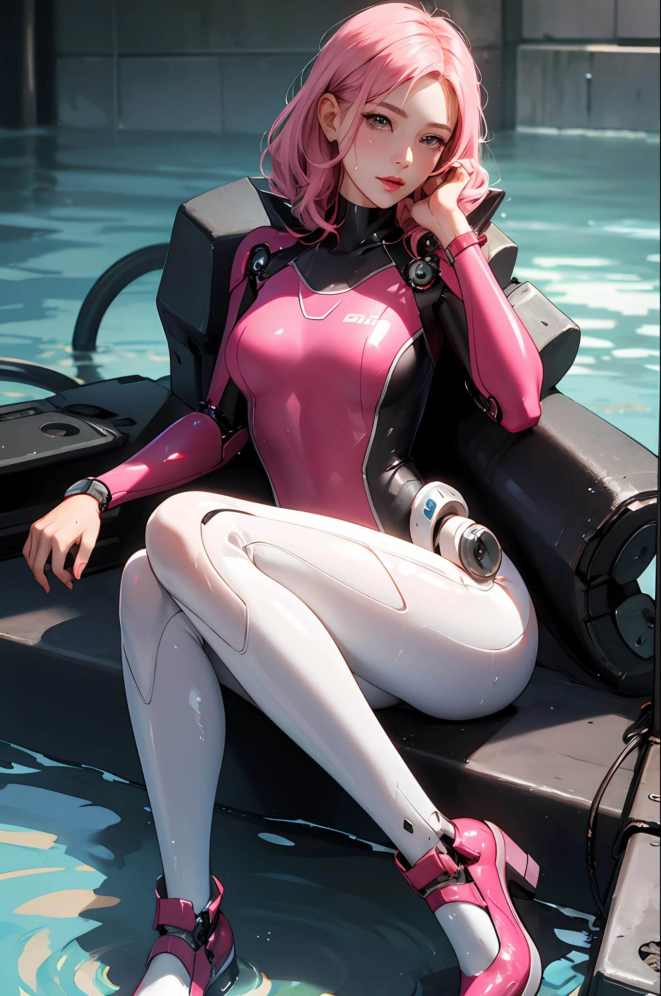 Alafed woman in pink wetsuit sitting in puddle, glossy wet skin!!, wet shiny skin, liquidmetal, Beautiful Female Android!, perfect android girl, Seductive Anime Girl, biomechanical oppai, an oppai cyberpunk, Drenched body, Latex skin, Wet look