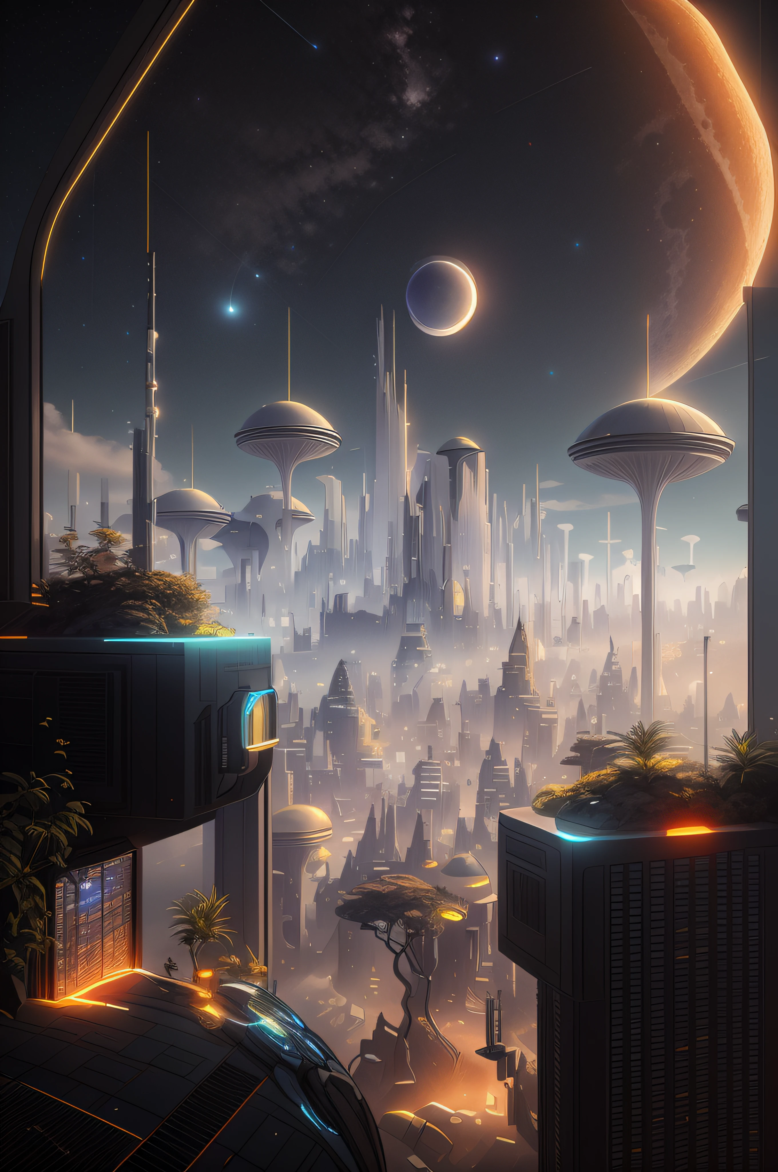 A realistically defined view of a futuristic city with a futuristic sky and a moon, arstation e beeple Highly, Greg Beeple, em estilo de beeple, Artem Demura Beeple, Beeple Daily Art, Beeple artwork, Beeple Art, Beeple e Tim Hildebrandt