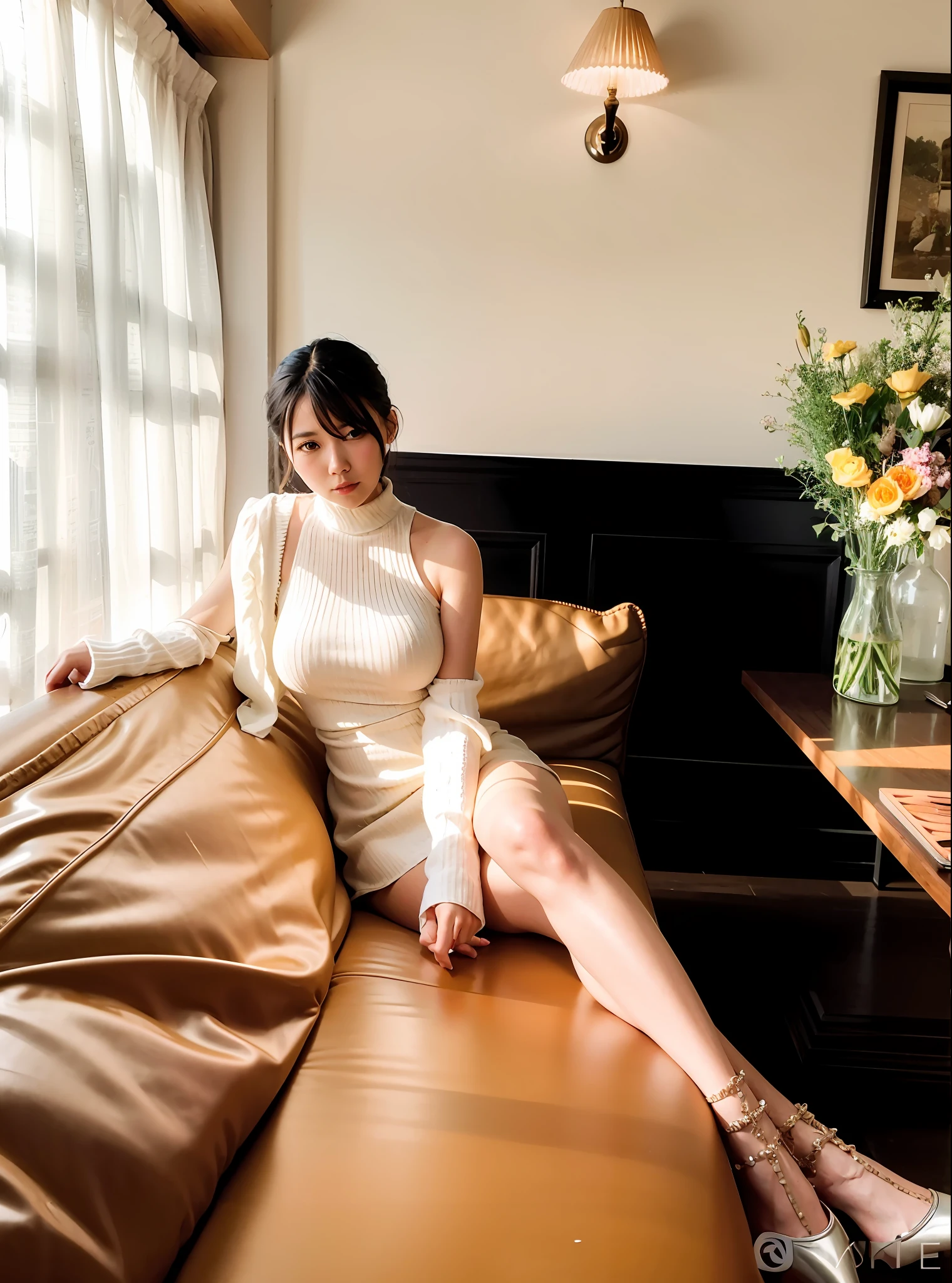 There was a woman sitting on the couch，There is a brown leather chair, 🤬 🤮 💕 🎀, shaxi, high - end fashion photoshoot, photoshoot, draped in silky gold, Gorgeous lady, Gemma Chen, Elegant lady, jia, Sexy :8, sitting on a mocha-colored table, spellbinding，spellbinding, 4 k'' ], 4K], 4 km column