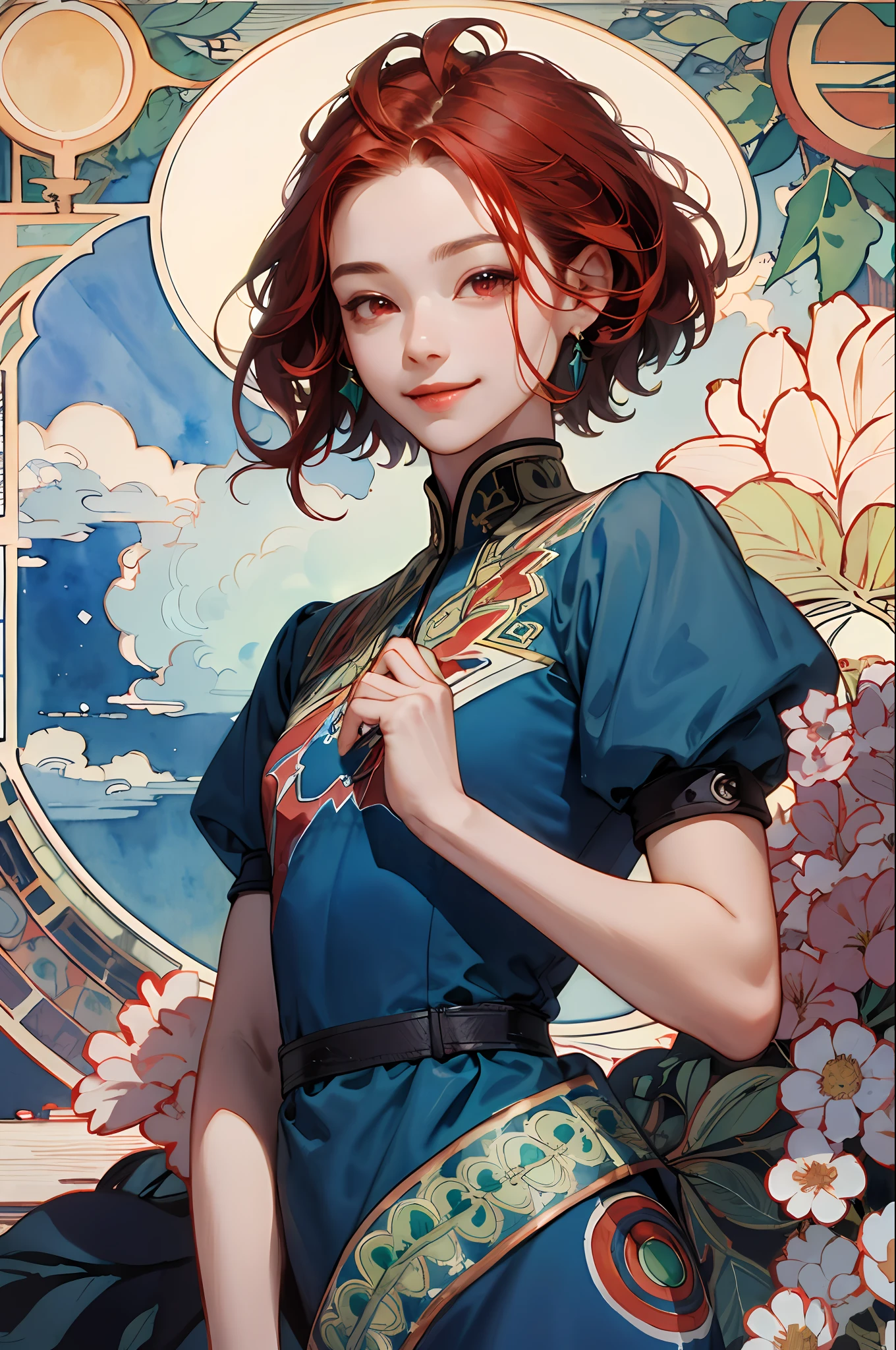 (best picture), (watercolor paiting), ((mats)), ((by Mucha)), (thick outlines),((beautiful countenance)), Flowing lines, (hight resolution, super detailing), Leprechaun, 1 girl, 15yo student, skiny,cin, (Pretty face)、Perm hair, so short hair、Beautiful red hair, Red eyes,  de pele branca, frontage、The upper part of the body, tiny chest、is standing, Blue dress,鎖骨, Geometric pattern, (florals), the front, Hand Down、Soft air, a smile、The Magic of the Wind、