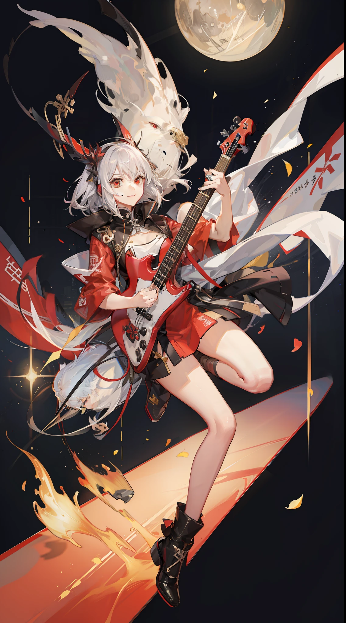 Girl in a dream。I have short silver hair。Wearing red clothes。It's a rock band。I'm playing bass。Music notes are flying around。It is an illustration of the highest quality