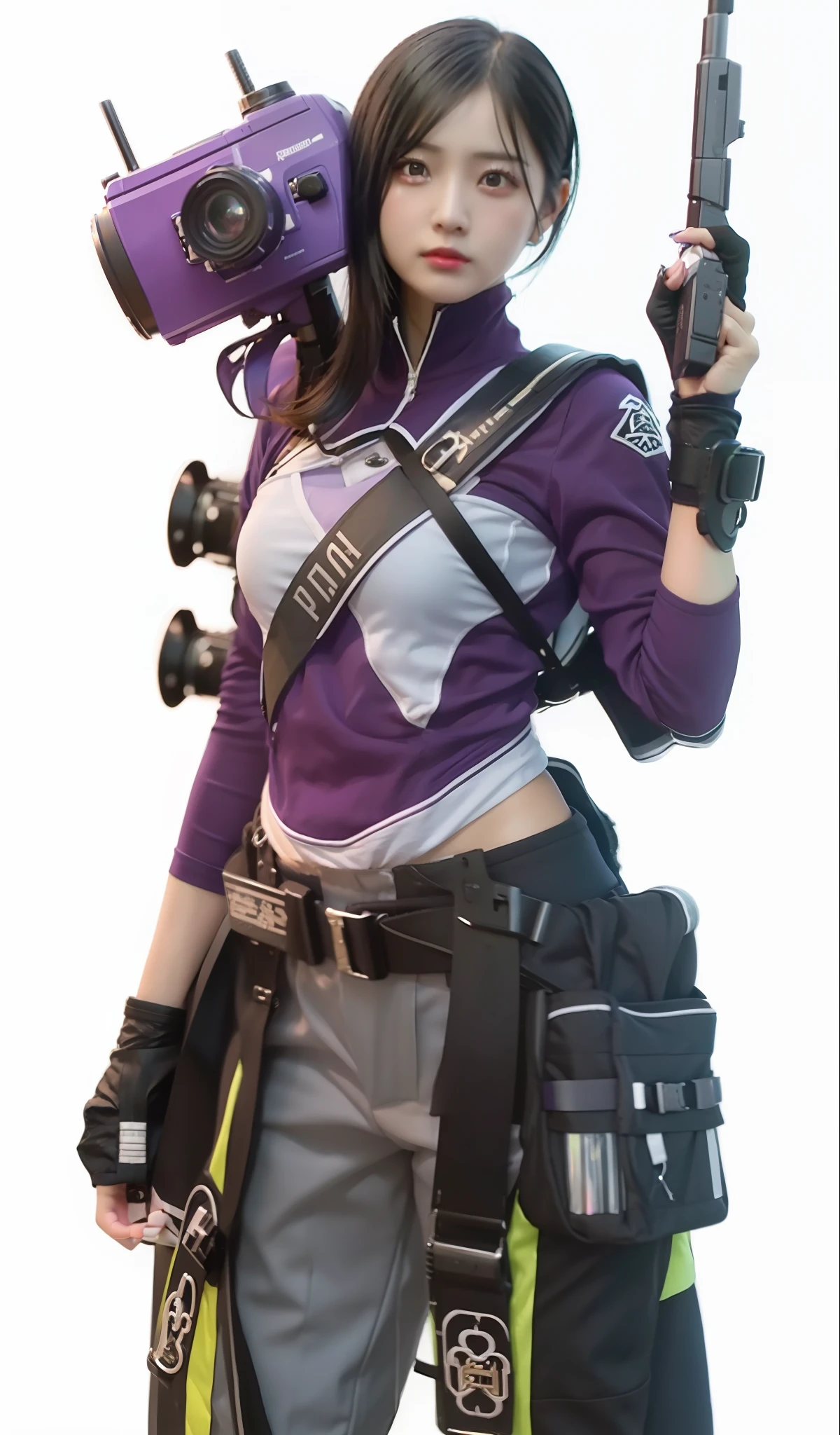 1girl, black hair, short hair, dress purple white, trousers white, bring guns, realistic, ultra detail, 70mm lens