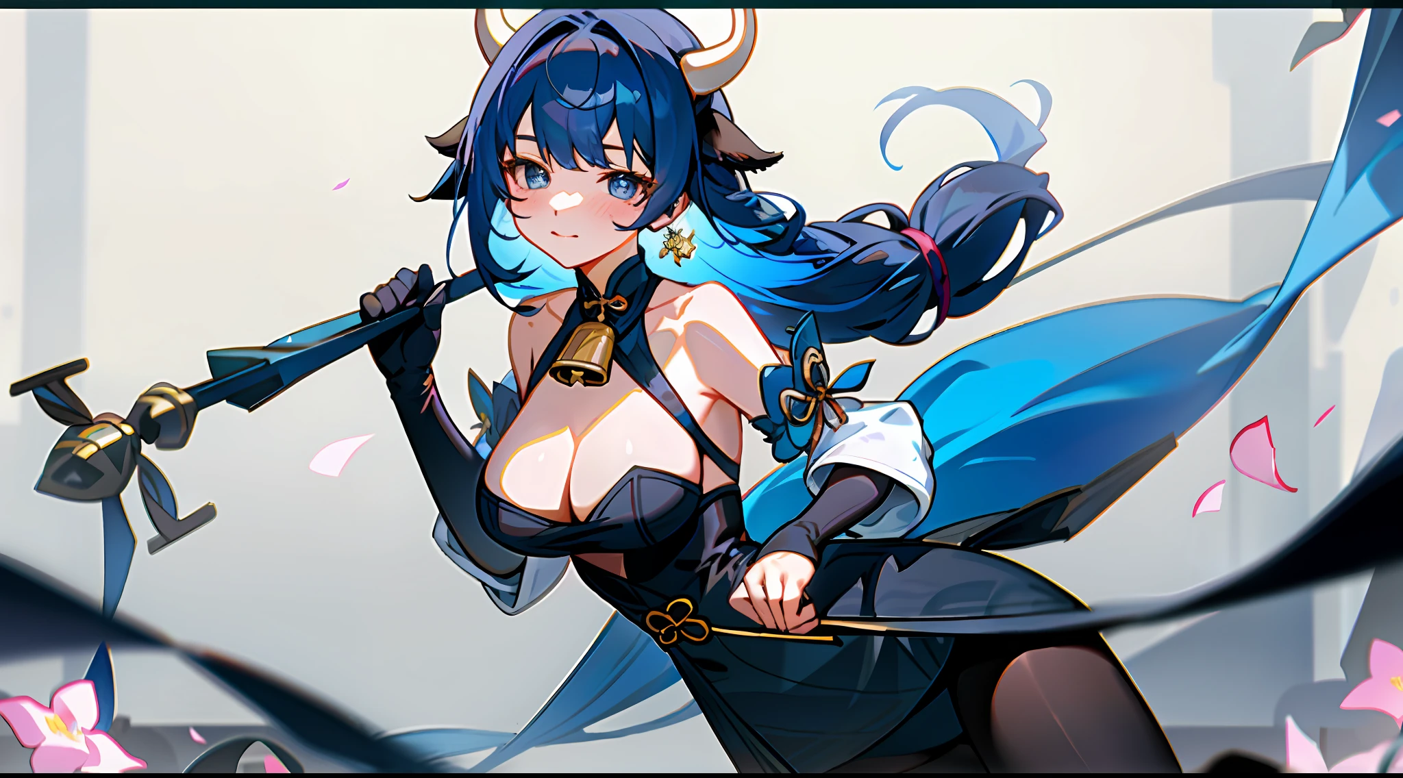 By bangs,Bare shoulders,Bell,black glove,Black tights,(blue hair),Blushlush,Beautiful breasts,Chinese knot,flower knot,mitts,cow horn,long whitr hair,Look at the audience,E cup,Neckbells