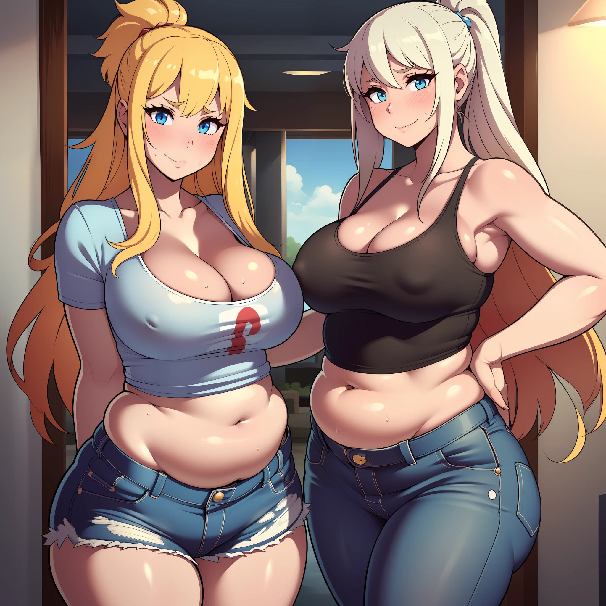(((kipteitei art))), ((masterpiece)), (((best quality))), ((ultra-detailed)), (((illustration))), detailed face, detailed body, ((2girls)), ((Line art)), (in the style of cell shaded), (vivid colors), skindentation, (((fluffy hair))), ((messy hair)), looking at viewer, cowboy shot, motion lines, ((aroused)), sweating, out of breath, sexually suggestive, seductive smile, flirting, masochism, embarrassment, in love with viewer, (blush), tee shirt, blue jeans, skirt, (((tight clothes))), town, street, medium breasts, cleavage, perky breasts, tummy bulge, (plump), fat folds, belly hangs over pants, ((belly hang)), ((belly grab)), soft body, gaining weight, (((wide hips))), (((thick thighs))), 2 girls standing next to each other, in public, one girl has medium blonde hair, one girl has long brown hair in a ponytail,