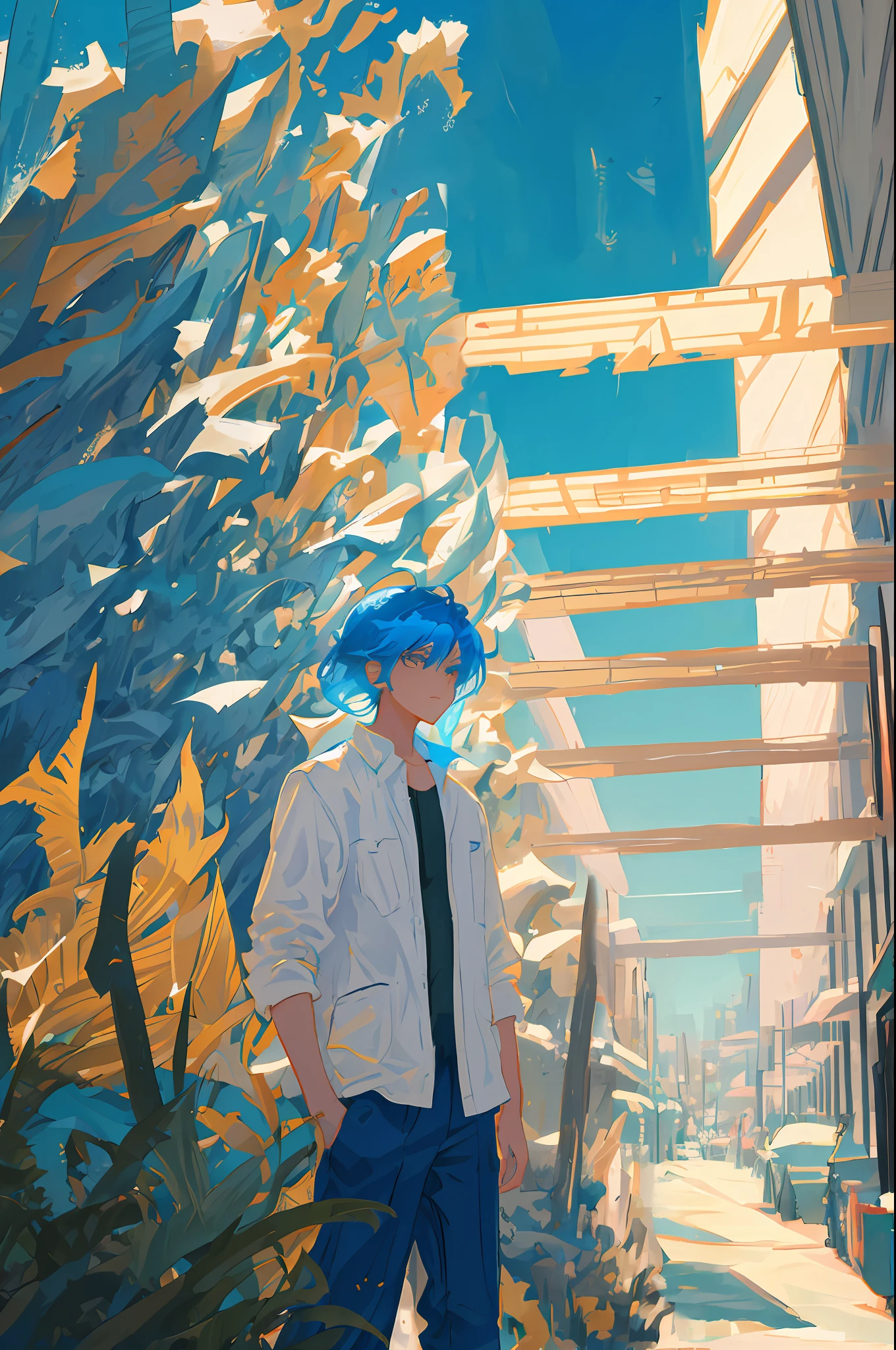 2D anime style art wallpaper of blue hair man standing in front of building，8K分辨率，2D illustration，Estilo de Makoto Shinkai，Lush John 8K forest background