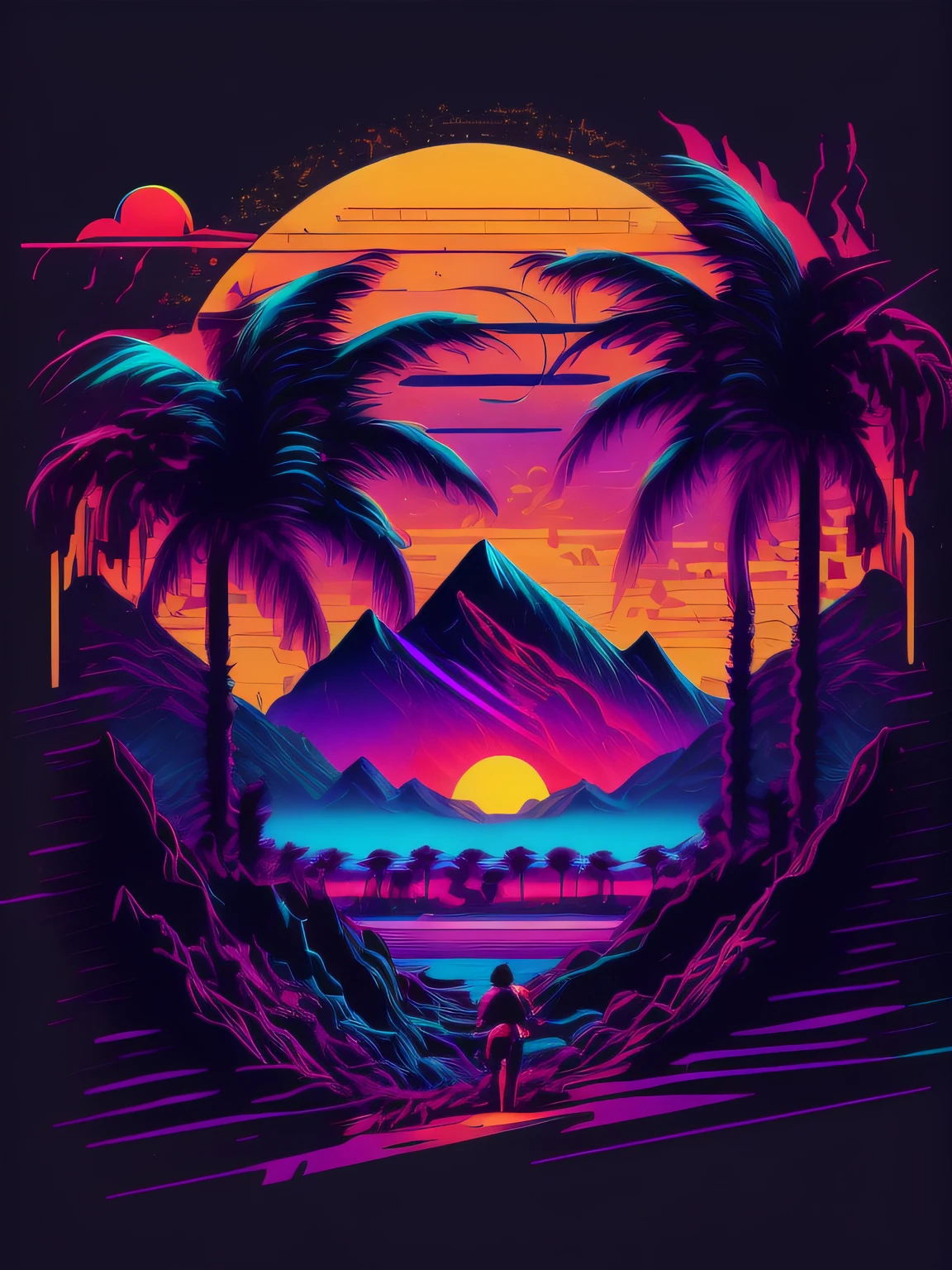 mountains, palm trees and sun, vectorized, synthwave, purple blue red orange, bright neon colors on a dark background,