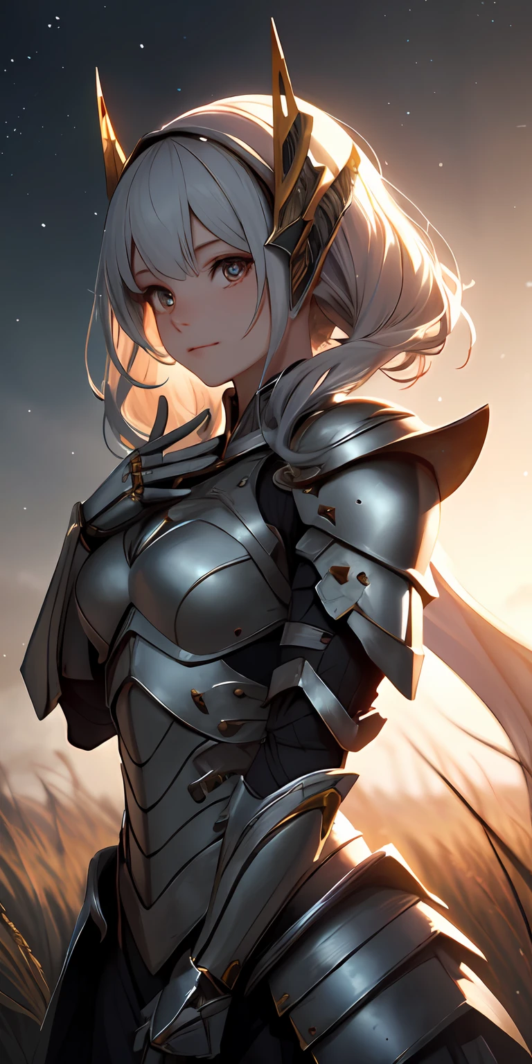 grassy fields, A high resolution, (巨作:1.4), A highly detailed, 1girll, From above, space,are standing, King Knight Armor, Sharp focus, (Cinematic lighting), (1girll), Slight smile,The 5 fingers of each hand are super detailed,