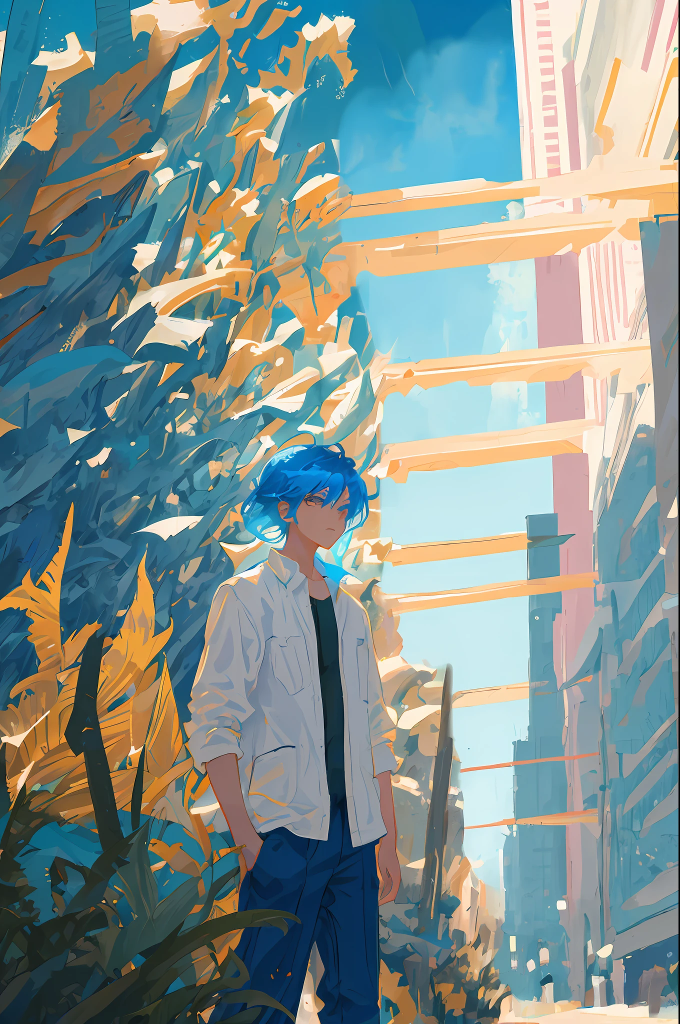 2D anime style art wallpaper of blue hair man standing in front of building,8K分辨率,2D illustration,Estilo de Makoto Shinkai,Lush John 8K forest background