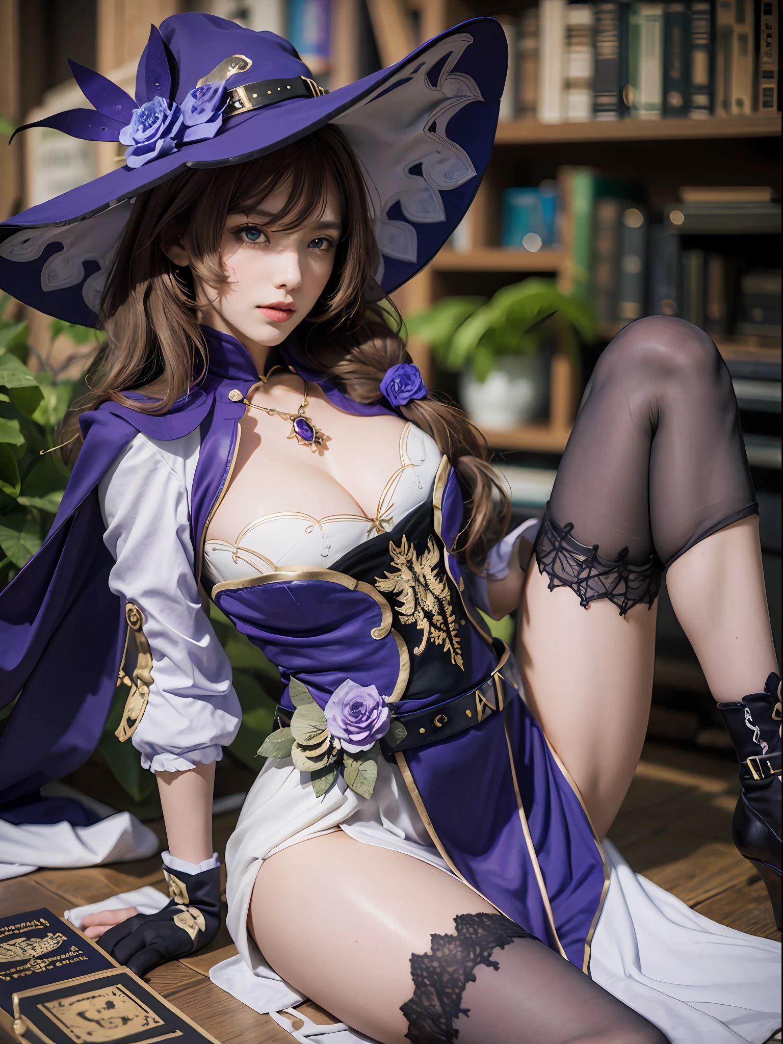 lisadef, 1girl, gloves, witch hat, brown hair, hat flower, green eyes, vision (genshin impact), thighhighs, flower, cleavage, black thighhighs, rose, large breasts, purple rose, multicolored dress, pelvic curtain, jewelry, purple dress, long hair, capelet, multicolored clothes, purple capelet, sit on the floor, full of books, full body, breast focus, spread legs, (masterpiece:1.2) (ultra detailed), (8k, intricate), (85mm), (highly detailed:1.2), (detailed background;1.2), (detailed face:1,5), (gradients), sfw, colorful, (detailed eyes:1.5),