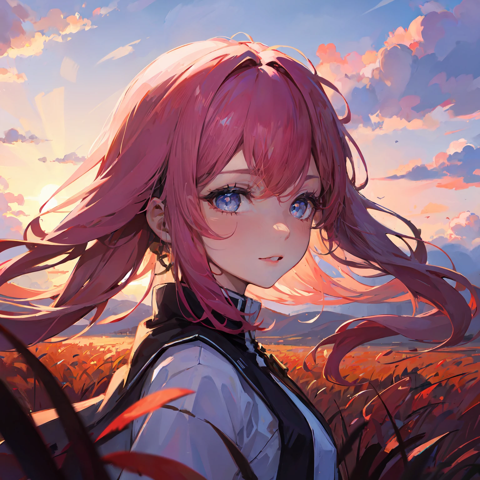 girl standing in field, closeup, portrait, clouds, sunrise, blue eyes
