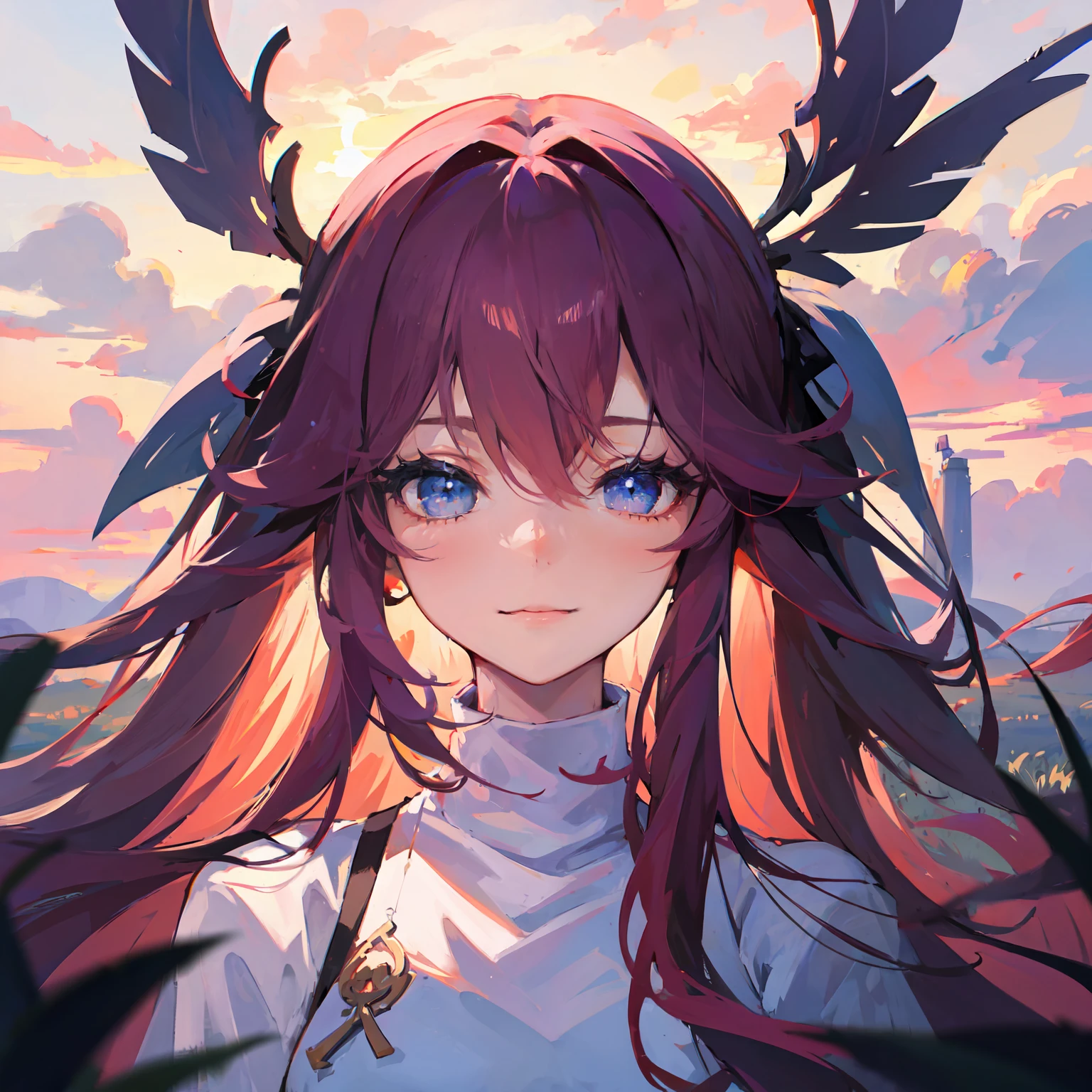 girl standing in field, closeup, portrait, clouds, sunrise, blue eyes