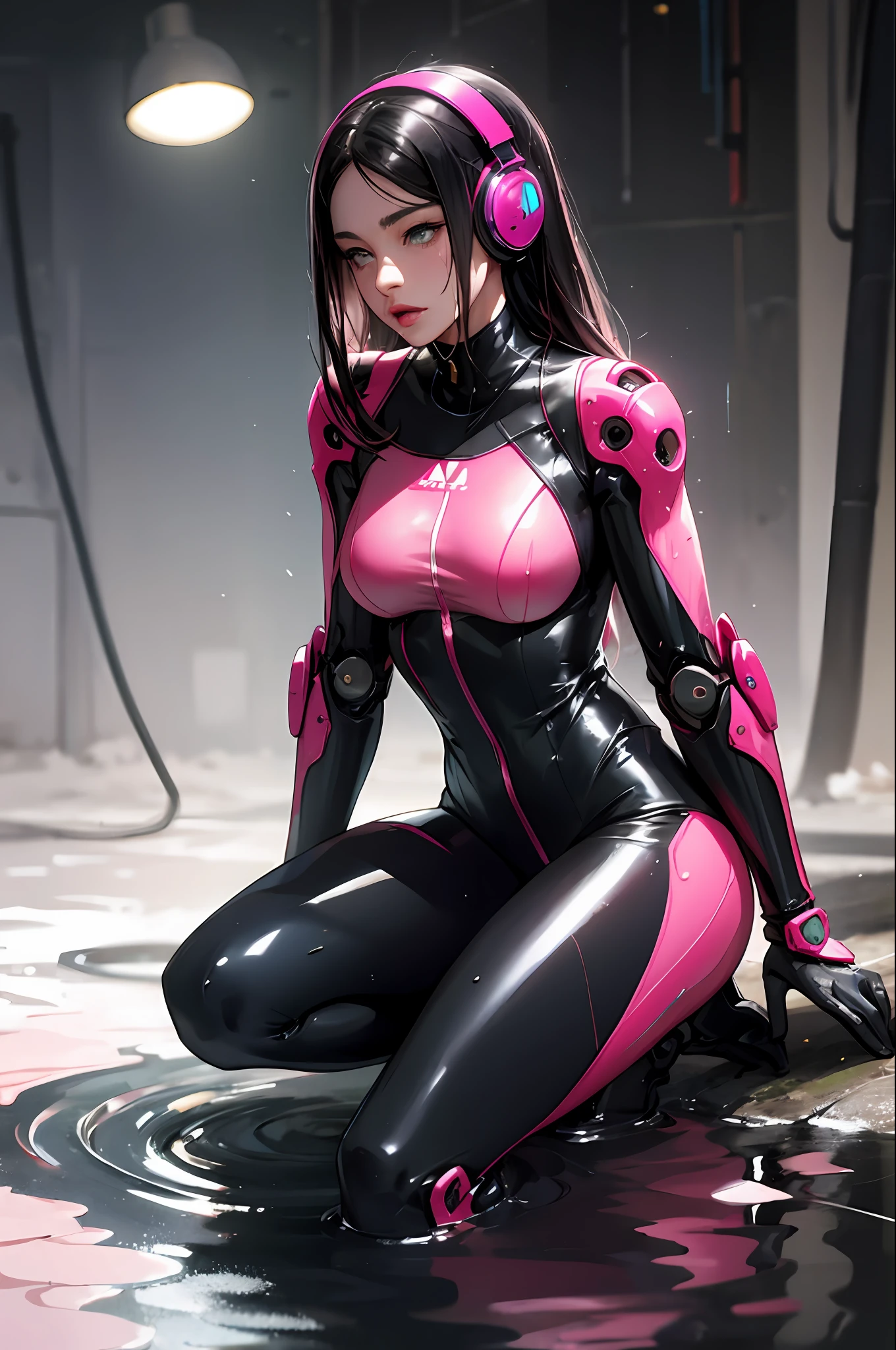 Allahed woman in a solid pink wetsuit sitting in a puddle, glossy wet skin!!, wet shiny skin, liquidmetal, Beautiful Female Android!, perfect android girl, Seductive Anime Girl, biomechanical oppai, an oppai cyberpunk, Drenched body, Latex skin, Wet look