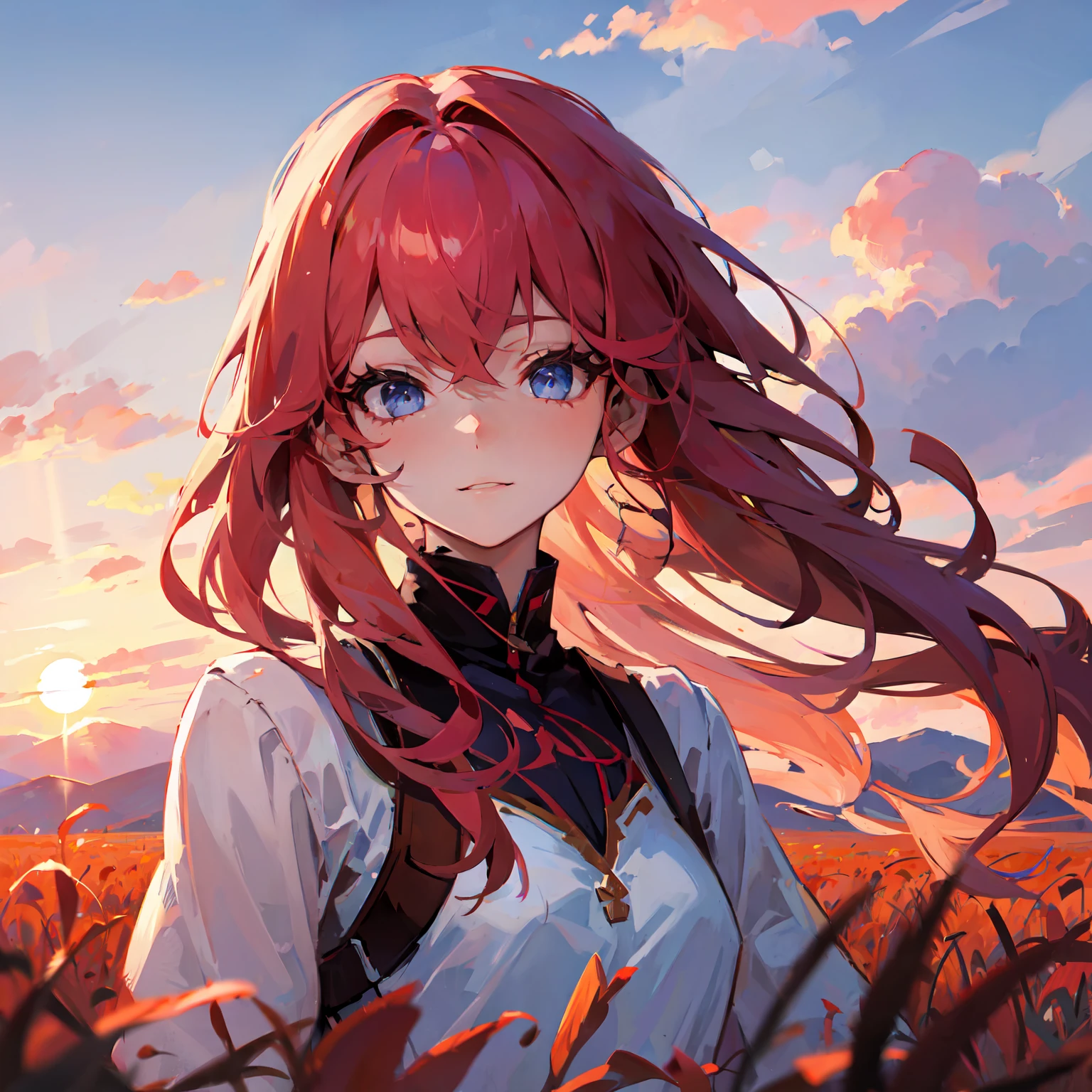 girl standing in field, closeup, portrait, clouds, sunrise, blue eyes