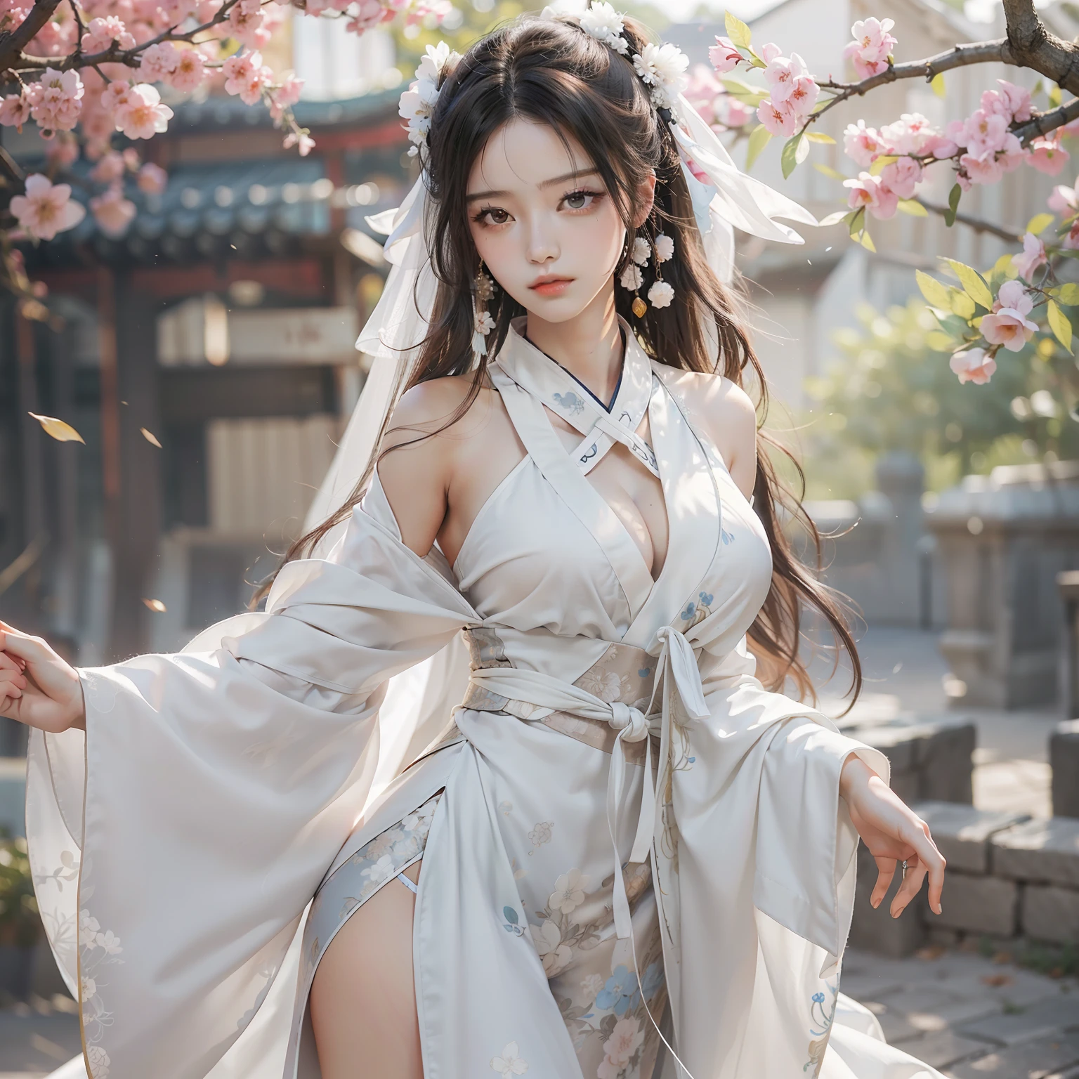 (best quality), (masterpiece), (1girl), solo, beautiful girl, perfect face, perfect body, big breast, sexy Hanfu, white Hanfu, sunny, windy