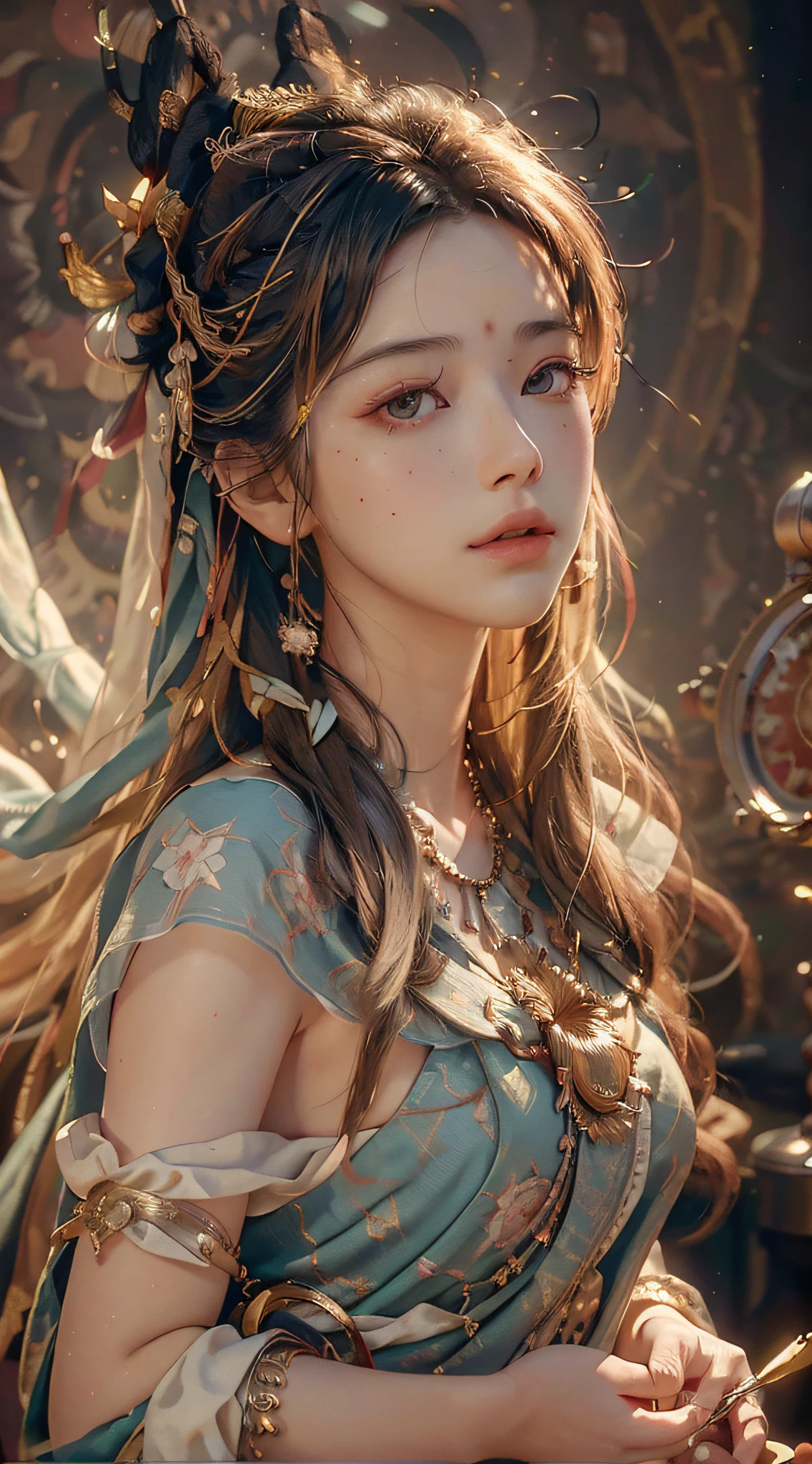 (RAW photo, best quality), (realistic, photo-realistic:1.3),best quality,highly detailed,masterpiece,ultra-detailed,illustration,1girl,upper_body,dynamic angle,world masterpiece theater,messy_long_hair,best quality,extremely detailed CG unity 8k wallpaper,ink,Amazing,cinematic lighting,lens_flare, dunhuang_style