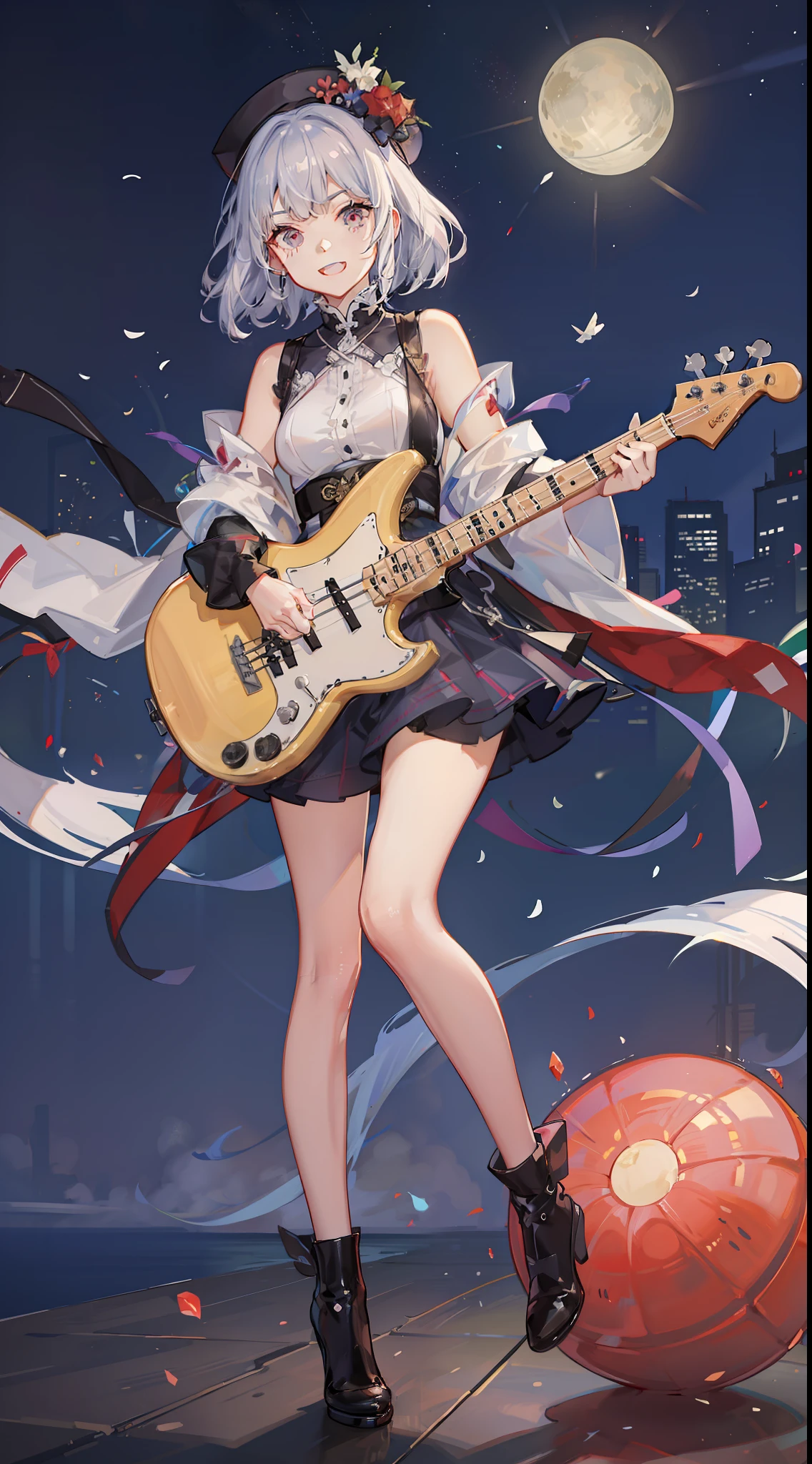 Girl in a dream。Holding a microphone and singing。I have short silver hair。Wearing red clothes。It's a rock band。I'm playing bass。Music notes are flying around。It is an illustration of the highest quality