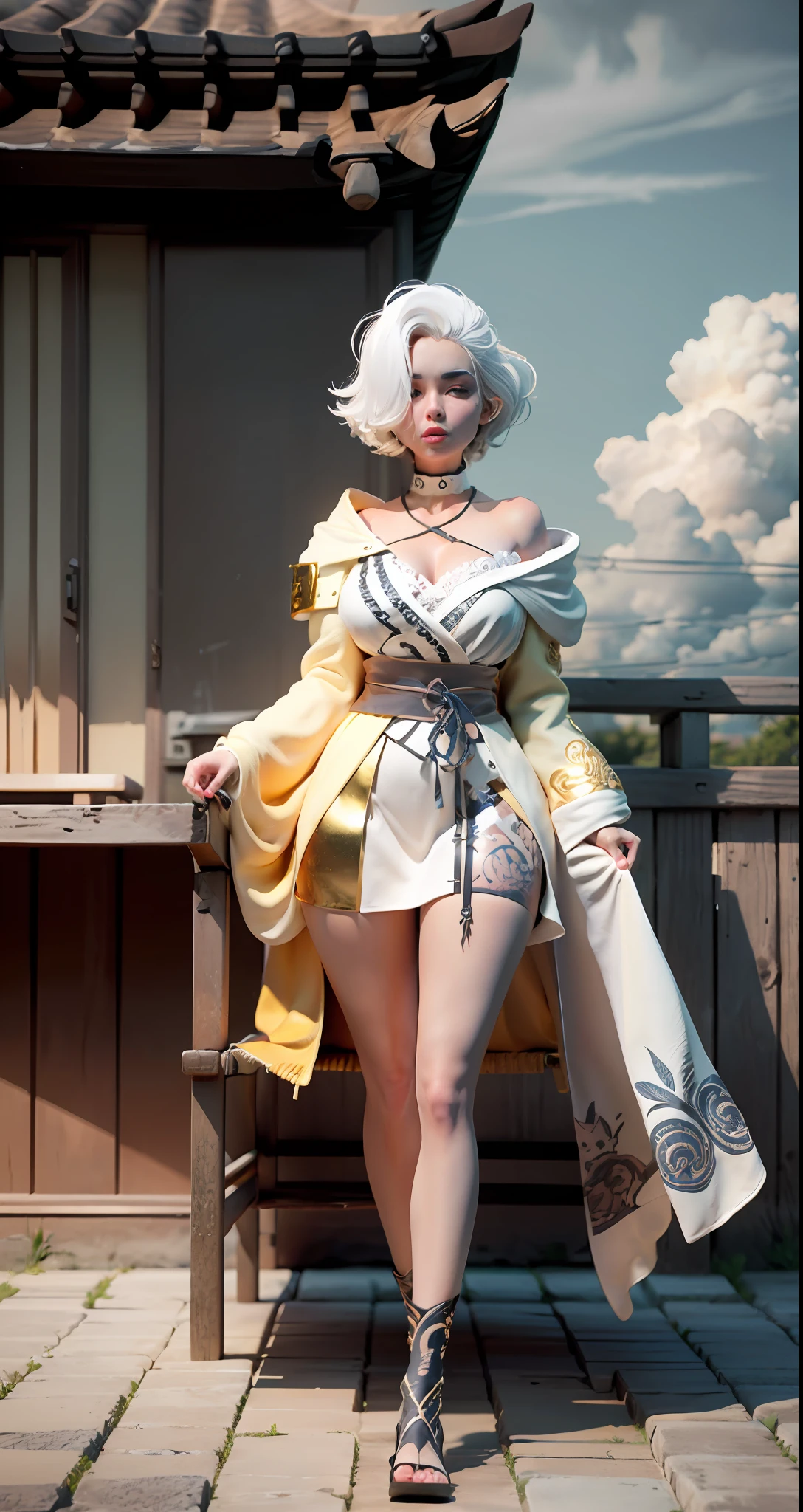 (masterpiece), (looking at pov), golden katana, (oversized clothes:1.2), miniskirt, ((white clothes)), choker, (bandaged hands), (white coat with ornate golden embroidery, golden embellished), (white hair, golden streaks on hair), yellow eyes, thigh strap, (golden structures), (clouds), add_detail:1, hair over eyes, hair over one eye,legs tatto Skull black,sit,chair detail, 2 legs
