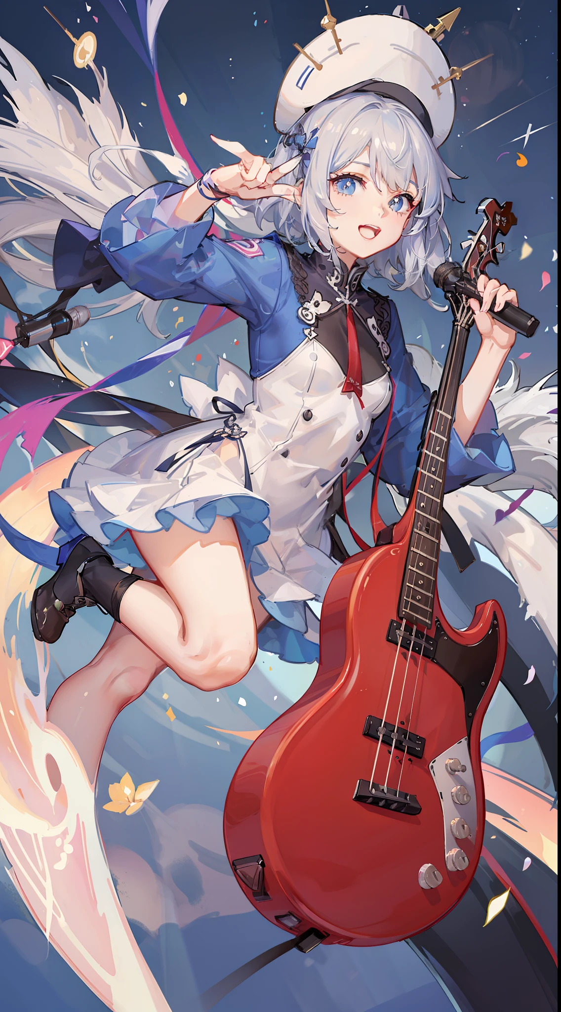 Girl in a dream。Holding a microphone and singing。I have short silver hair。Wearing red clothes。It's a rock band。I'm playing bass。Music notes are flying around。It is an illustration of the highest quality