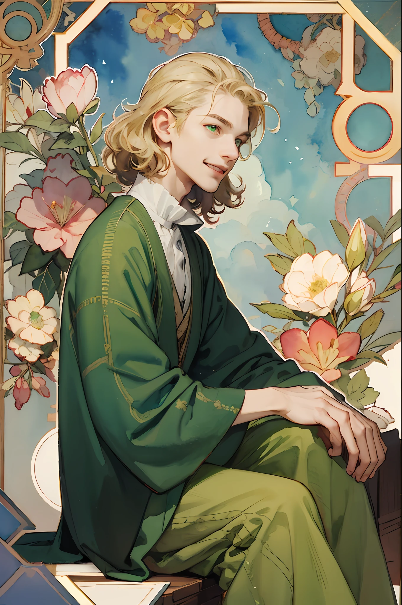 (best picture), (watercolor paiting), (mats), (by mucha), (by mucha), (thick outlines), (big forhead), (hight resolution, super detailing), male people、little man, 1 persons, The Hobbitt、18year old、Has a small,short blonde hair, perm、green colored eyes, Green clothes、the front, portlate, Big smile、sitting on, Geometric pattern, the front, Hand down,