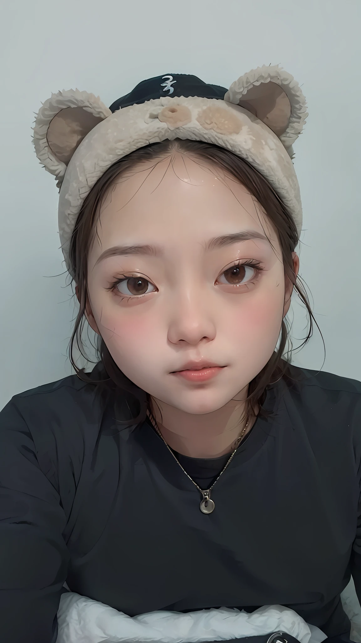 there is a girl with a bear hat on her head, south east asian with round face, 3 0 years old woman, 30 years old woman, face picture, with accurate face, with round face, dang my linh, ugly woman, 2 7 years old, asian face, real ungine, ugly look, ruan cute vtuber, wide forehead