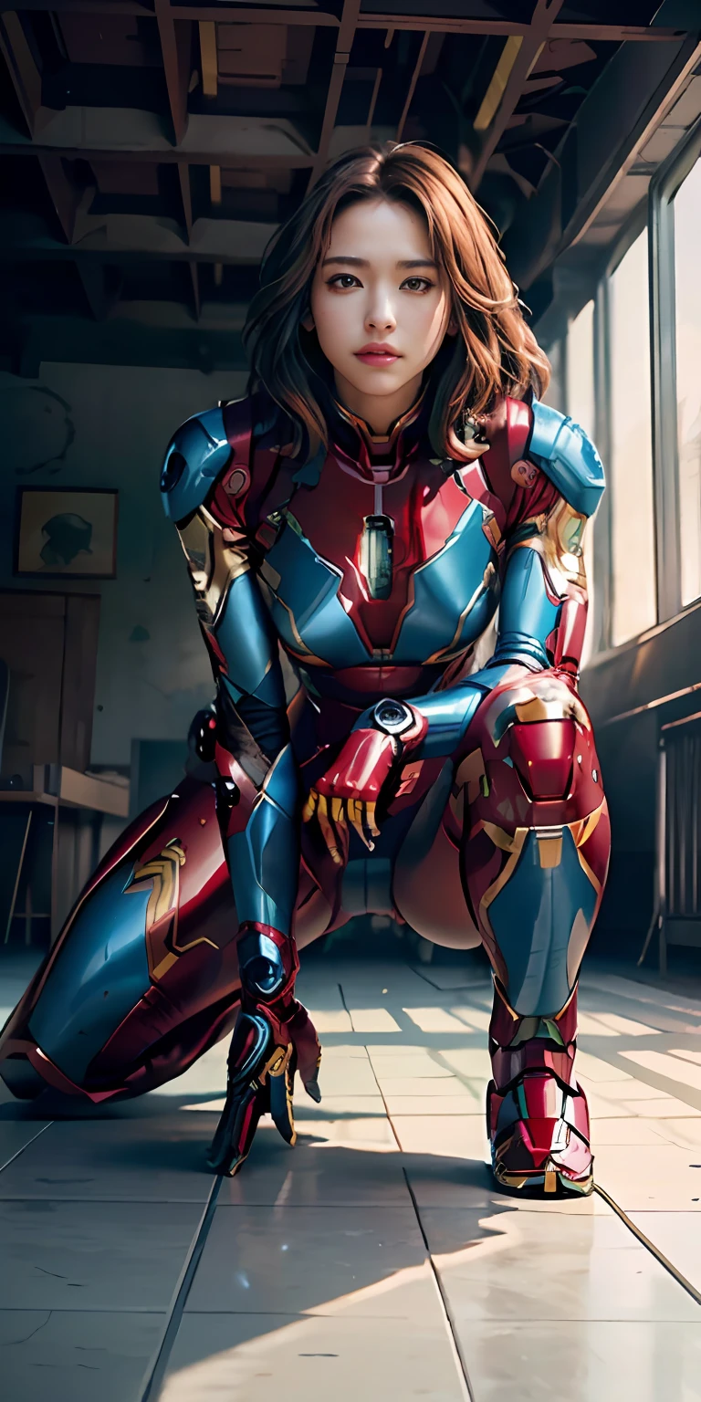 RAW, masterpiece, ultra fine photography,, best quality, ultra high definition, photorealistic, sunlight, full body portrait, stunningly beautiful, combat pose, delicate face, brilliant eyes, (front view,full body), she wears futuristic Iron Man mech, blue and yellow and green color scheme, (Iron Man destroyed on the floor), detailed face, detailed and complex busy background, messy and gorgeous, rich plump breasts, High Detail Skin, Realistic Skin Details, Visible Pore, Sharp Focus, Volumetric Fog, 8K UHD, DSLR Camera, High Quality, Film Grain, Fair Skin, Photorealism, Lomography, View from Below, Translucent