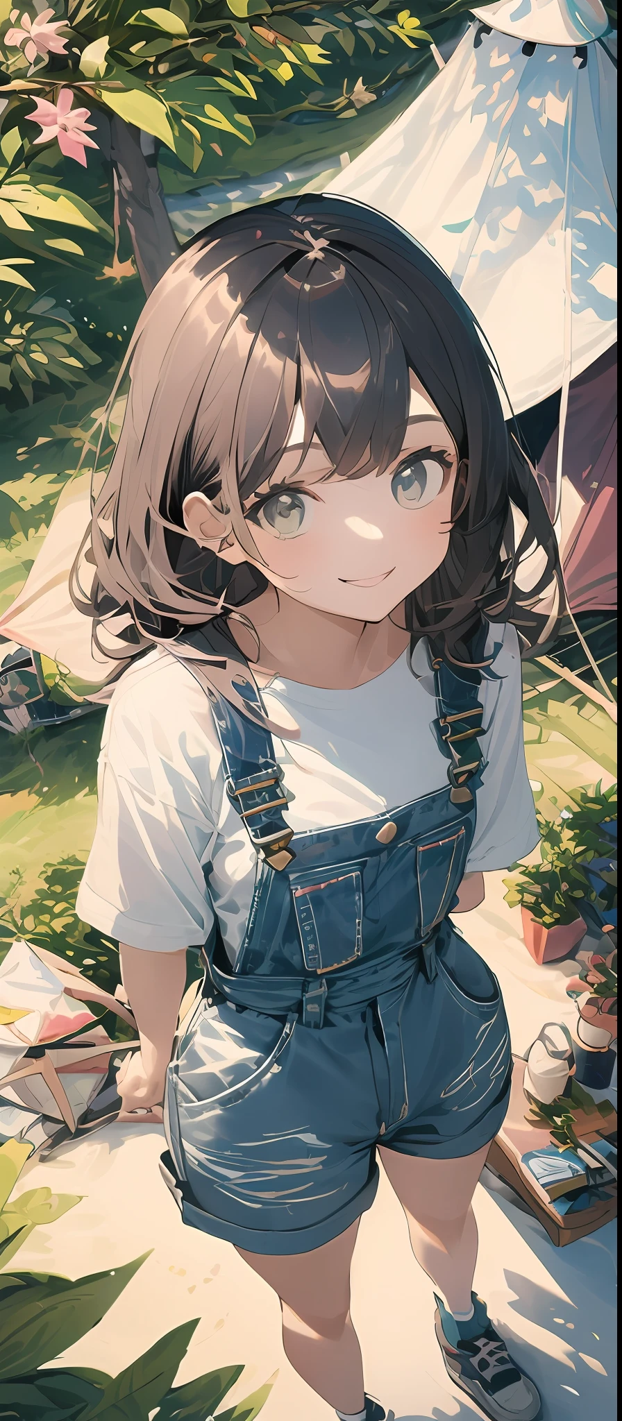 (masterpiece、top-quality),From above, 1girl in, 独奏, camp、overall、Denim Overalls、white shirt、Tent on background、The tree、fronds、florals、20yr old、piece、the pose、a smile、