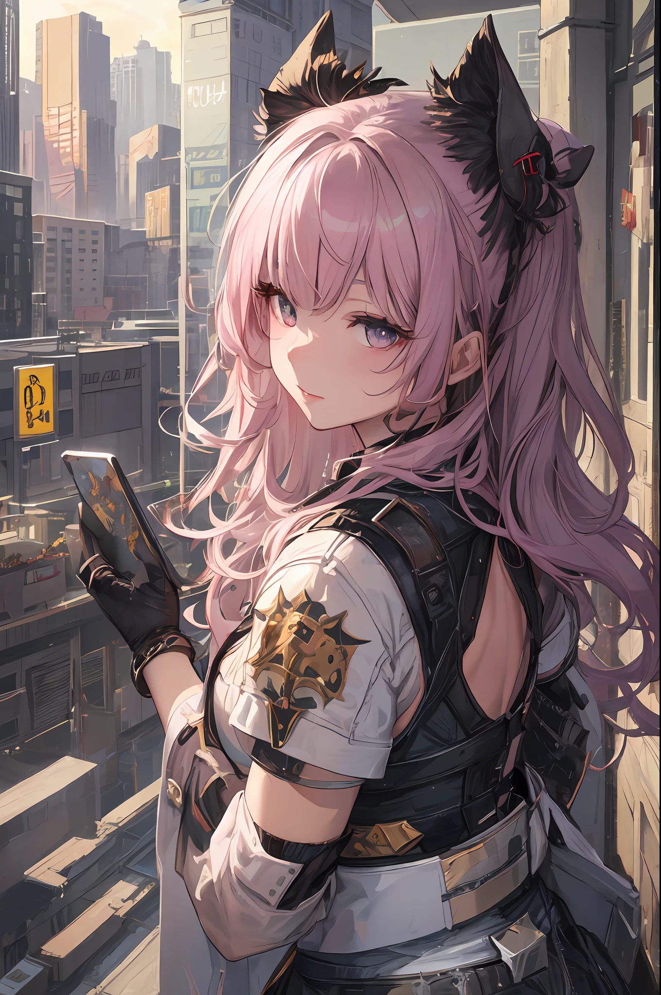 Focus on people。Create and express the best shining composition of the person in a realistic way。((Master masterpiece))、(((最好质量)))、((ultra hyper-detailed))、(ultra realisitic)、(Highly detailed CG illustrations)、(extreamly delicate and beautiful)、Masterpiece to the smallest detail、Elaborate reproduction of every detail of the hand、。.。.。.。.。.。.3D、A masterpiece of real sticks、最好质量、Anatomy、Anatomy Human、Beautifully shaped to the fingertips, Illustrations faithful to Anatomy、In detail down to the nails、Realistic skin feeling、Realistic fabric and texture that matches the material、Extreme realism、Beautiful Cyberpunk Woman, gmail(High dynamic range), Ray traching, NVIDIA RTX,Introducing realistic illustrations focusing on the center front of the girl with realistic and ultra-detailed eyes.。This is the absolute rule, and the following sentence expresses the image quality。 The greatest painter in human history meets a girl of the best、It is the greatest masterpiece in the history of the entire universe in the past future of the entire universe by Kazuo Inui。, which depicts the most beautiful figure after risking a lifetime.。 Create stunning anime artwork that is currently trending on seaStation、Introducing exquisite beauty and seductive aesthetics。 Depicts the settings of an image。「 "Beautiful cyberpunk woman in modern Japan, gmail(High dynamic range) But、Capture a slice of the sunset in the city's rooftop gardens。and accurate simulation of material interactions, perfectly proportions, She、Wearing a simple yet sophisticated uniform。(dignified fluff、perfectly proportions、Bright eye、Bright makeup、large dark eyes、Pink and moist lips)、Delicate and clear hair、large dark eyes、refrigeration、sharp eye、(tmasterpiece、realisitic、Hi-Def)、((a 1 girl):1.2)、((wavy and long hair):1.3)、(Business suits、Office Documents、sitting at the desk、playing with mobile phone)、 (big tit:1.5、big breasts thin waist:1.2、Strangled thigh:1.3、fair and moist skin)Her skin is、Crystal clear and beautiful in the light of the settin