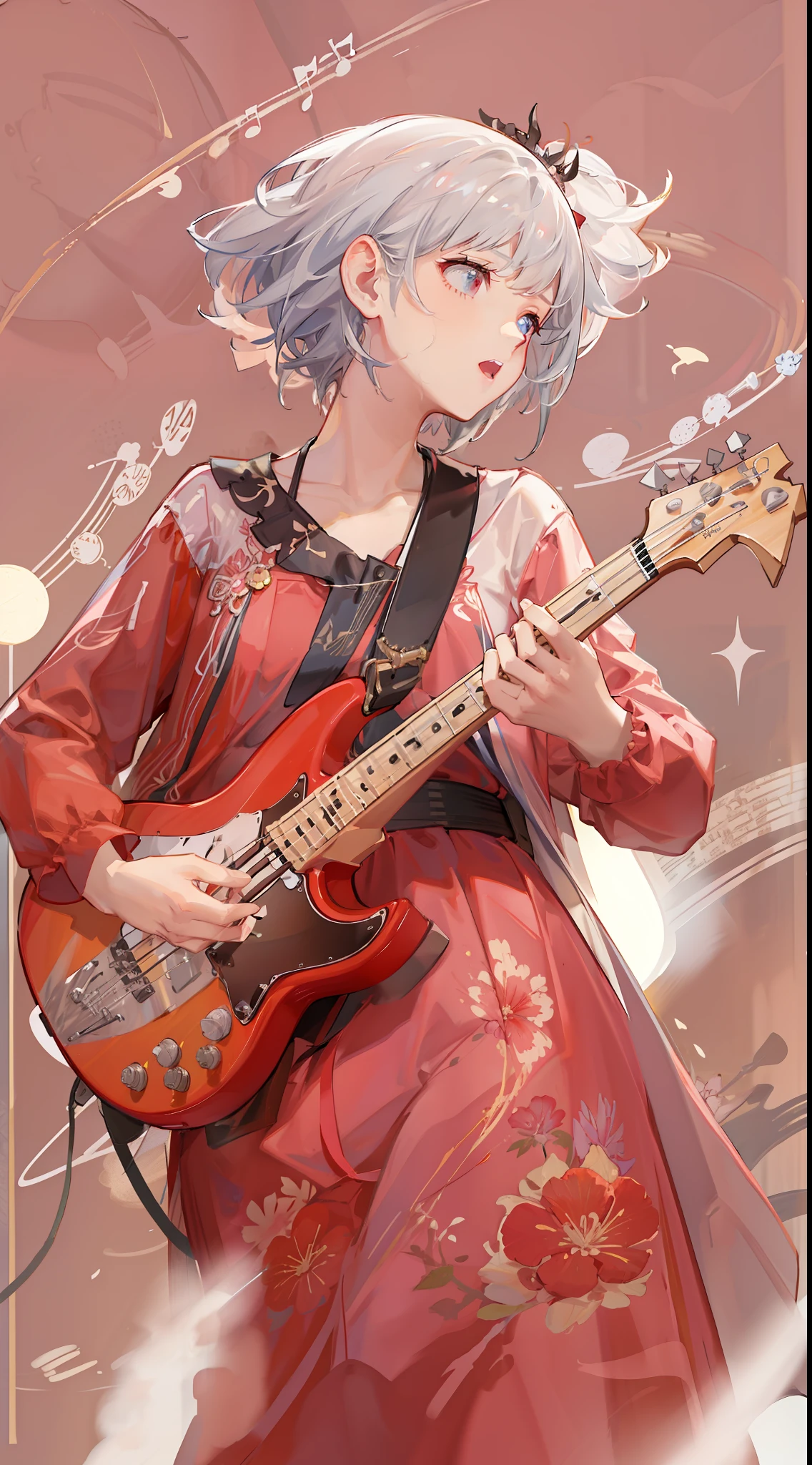 Girl in a dream。Holding a microphone and singing。I have short silver hair。Wearing red clothes。It's a rock band。I'm playing bass。Music notes are flying around。It is an illustration of the highest quality