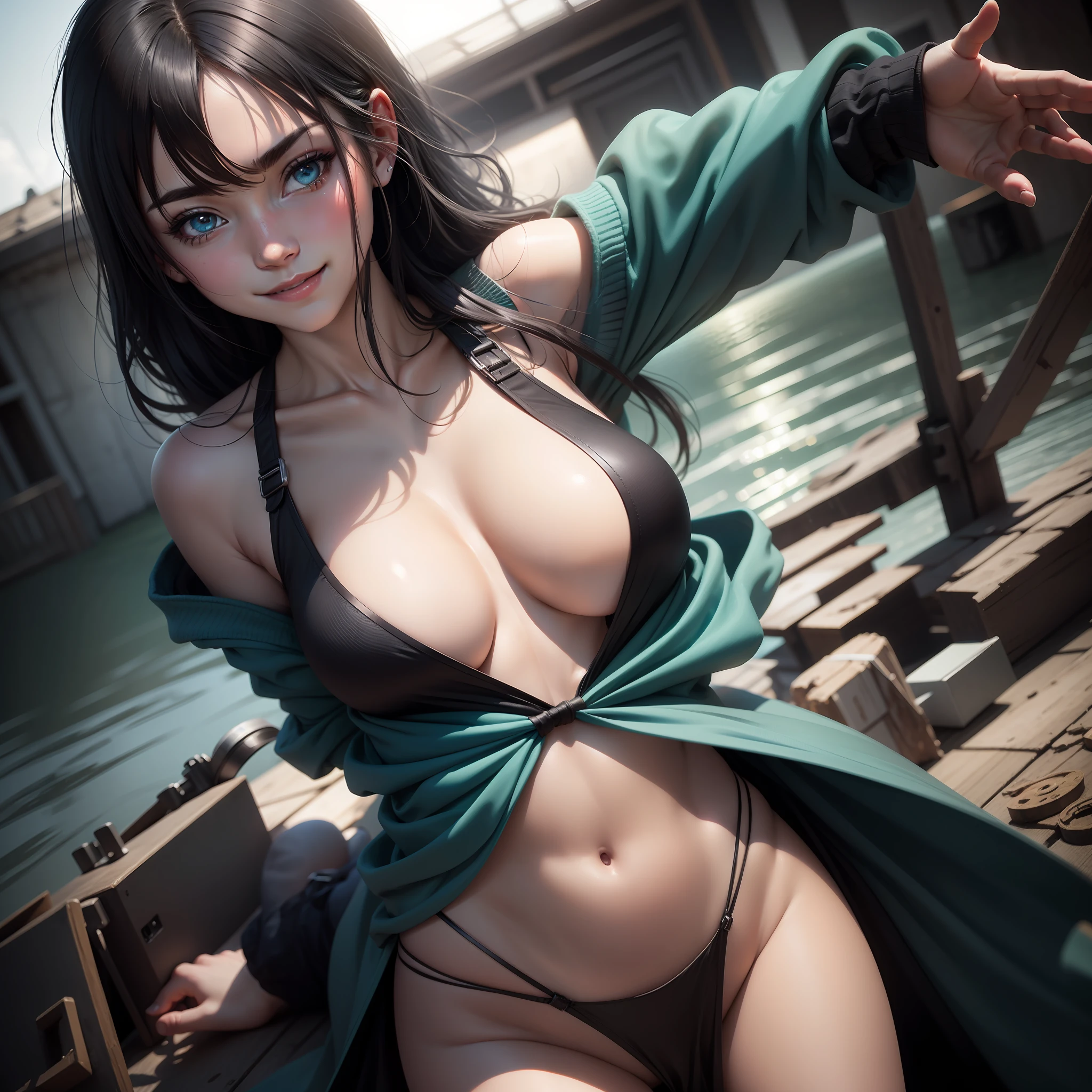 Black hair, aqua eyes, Light smile, viewfinder, Cinematic lighting, in a panoramic view, Sony FE GM, hyper HD, Textured skin, High details, 4K,1 girl,No clothes