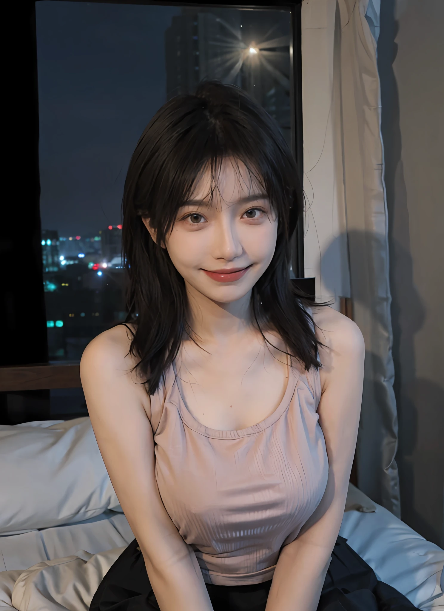 best qualtiy，tmasterpiece，超高分辨率，（realisticlying：1.4），1girll，Raised sexy，huge tit，cropped tank top，a skirt，beautiful eyes in detail，eyeslashes，beautiful double eyelid，eye shadows，dropping eyes，Cut off the eyes，thin beautiful thighs，Beautiful thin legs，Perfect eye makeup，（（seduct smile，Squeaky look，Evil expression）），High-rise hotel， Night view from the window， kneeling in a big bed，Brown hair，