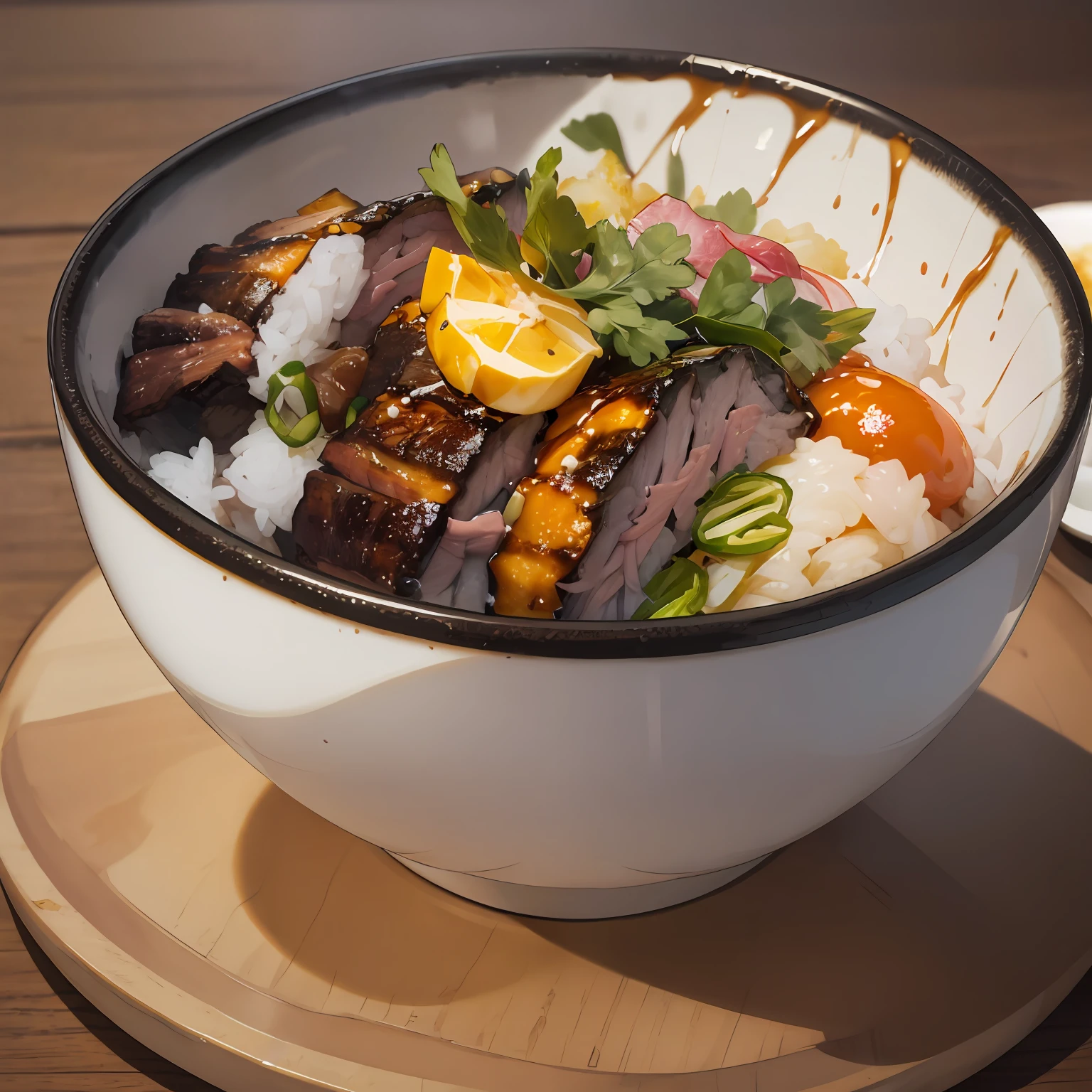 best quality, masterpiece, 1other, solo, japanese food, pork Donburi, simple background