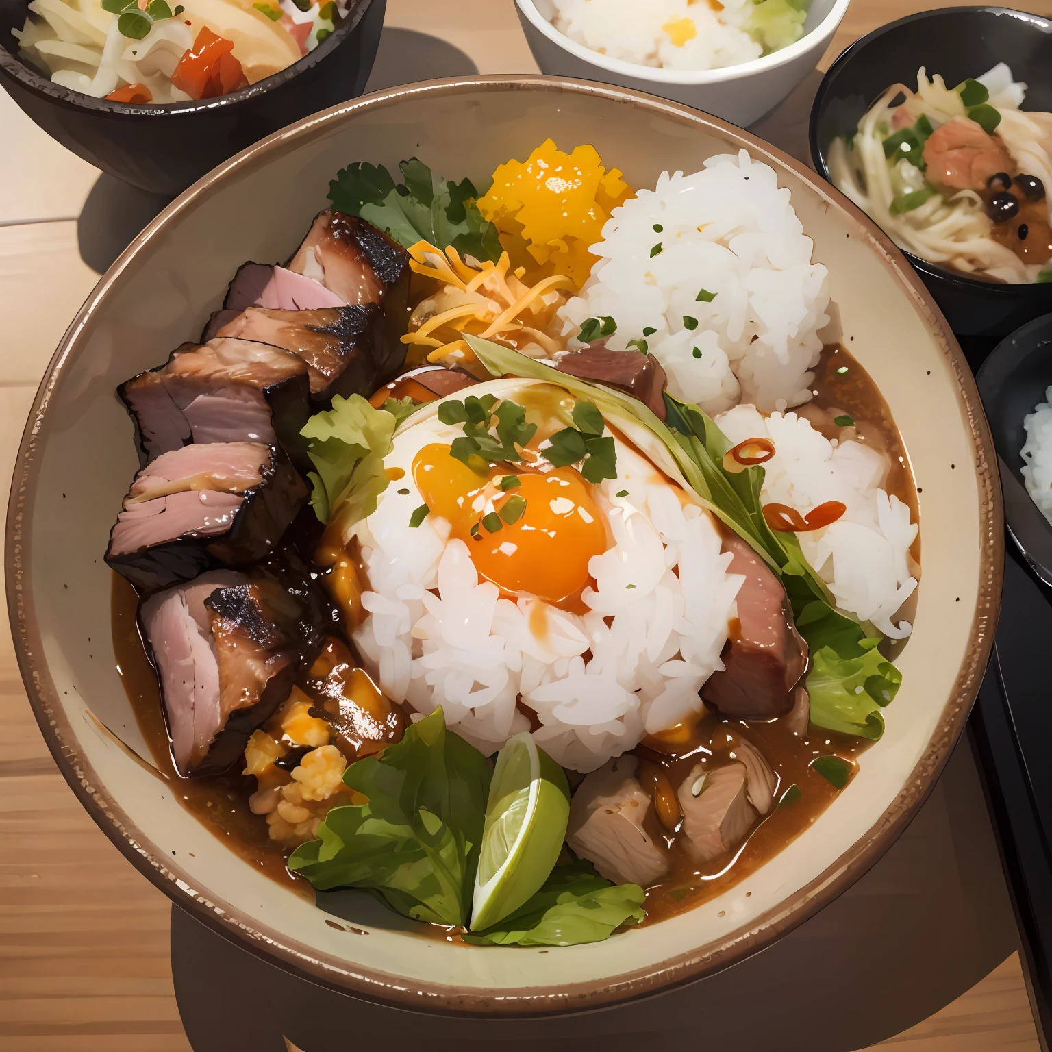 best quality, masterpiece, 1other, solo, japanese food, pork Donburi, simple background