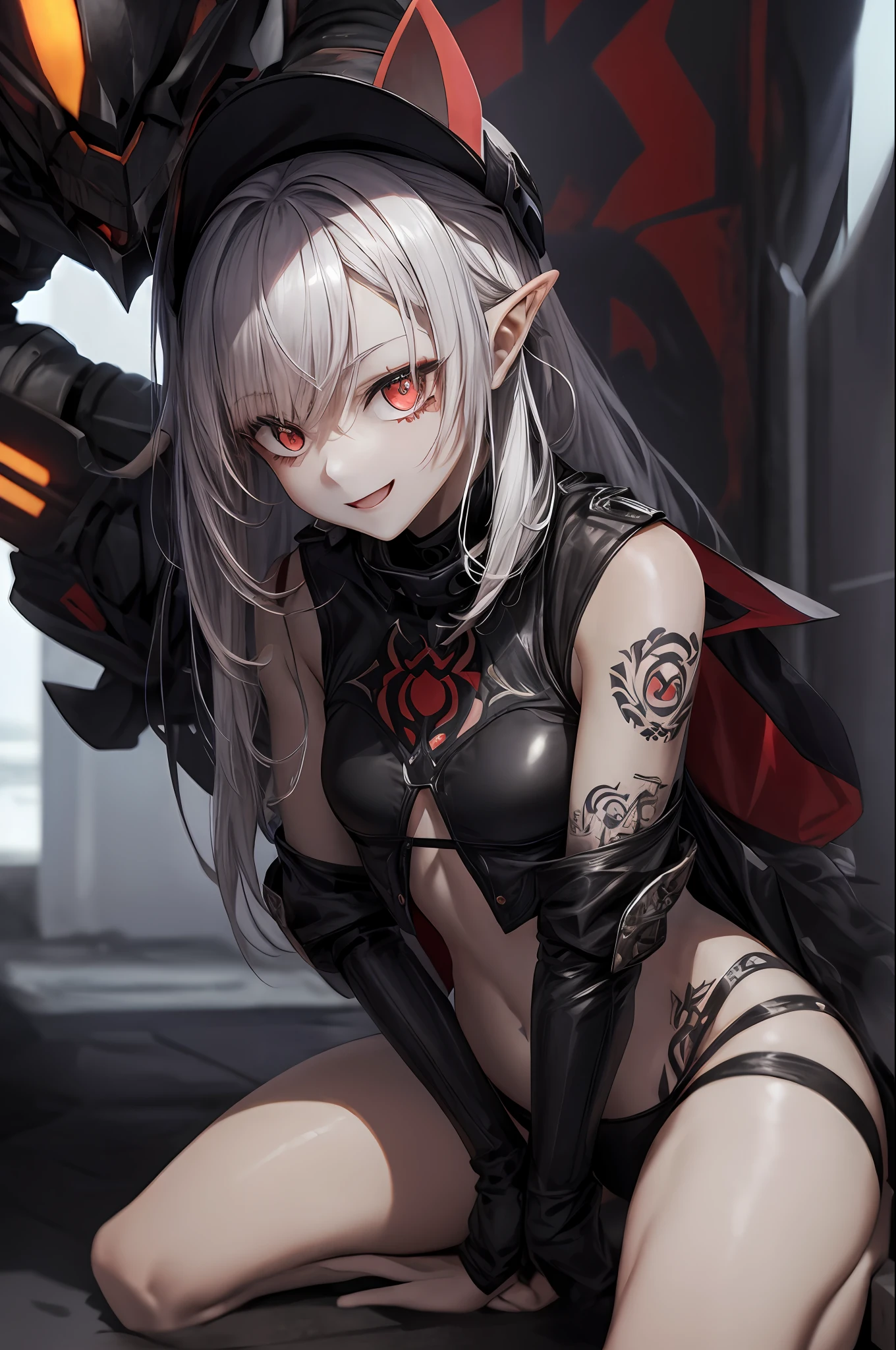 (Ashenhardt style:1.4), tmasterpiece, best qualtiy, high high quality, (Dark invisible creatures,Crimson glow and red eyes,Surrounded by darkness:1.2), (In the silhouette), (darkly:1.2), abstracted, abyssal, Award-winning photography, depth of fields, hdr, The is very detailed, Trend at Artstation, Trends in CG society, 复杂, high detal, (tmasterpiece:1.2, best qualtiy), (best illuminate, Very fine and beautiful), (best illuminate,very delicate beautiful), (beautifull detailed face), (Detailed eyes and detailed face:1.2), (Young girls, small beast, 1girll, 独奏, mad smile, paleskin, 19 Perforations, ((tattoo all over body,Tribal tattoos are everywhere on the legs)) whaite hair, luminous red eyes, dynamic angle, Vampires), smiling mischievously, Sit in front of graffiti on the wall, spiky_hor ears, (depth of fields), hight contrast, cowboy lens, full bodyesbian, street fashion, punk clothing,