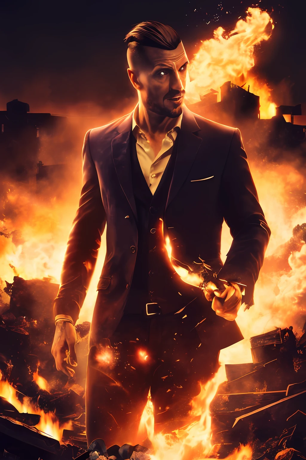 award winning photo of a guy, igppv01, (realistic, photo-realistic:1.4),(sharp focus:1.4),
(detective:1.2), (fancy suit:1.1), smirk, (ultra detailed face and eyes:1.1), (album art:1.1), slum cyberpunk, frown, (slum old garage:1.1), (artpunk:1.0), unique pose, (trigun:1.1), (masterpiece:1.1), best quality, run-down, ultra high detail, (by antoine blanchard and casey baugh:1.1), (by zdzislaw beksinski:0.8), extremely intricate, extreme detail, raytracing, reflections, beautiful lighting, (harsh lighting:1.1), (High Saturation Clarity Contrast, deep levels, sharp, retouched, color graded:1.1), soft lighting, cinematic, (heavy contrast:1.2),dimly lit,,burning,breathing fire, explosion,fiery tail