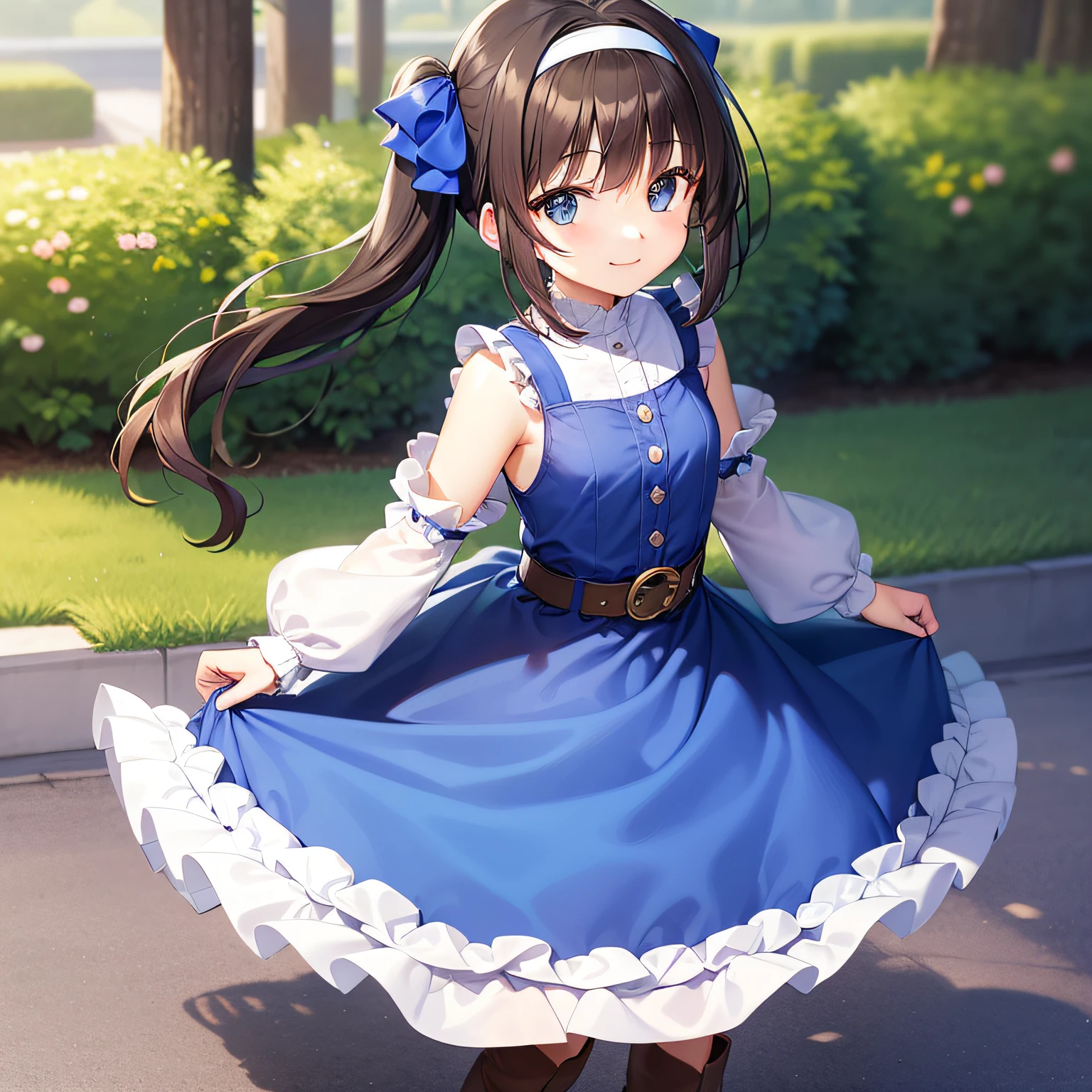 top-quality、extremely delicate and beautiful、Teen Girls、small tits、((((Solo Girl))))、11years old girl、(dark brown hair)、Blue clothes with vertical buttons、Belt at waist、White skirt、(((poneyTail)))、(white hairband)、(Brown boots)、blue eyess、is standing、A smile、