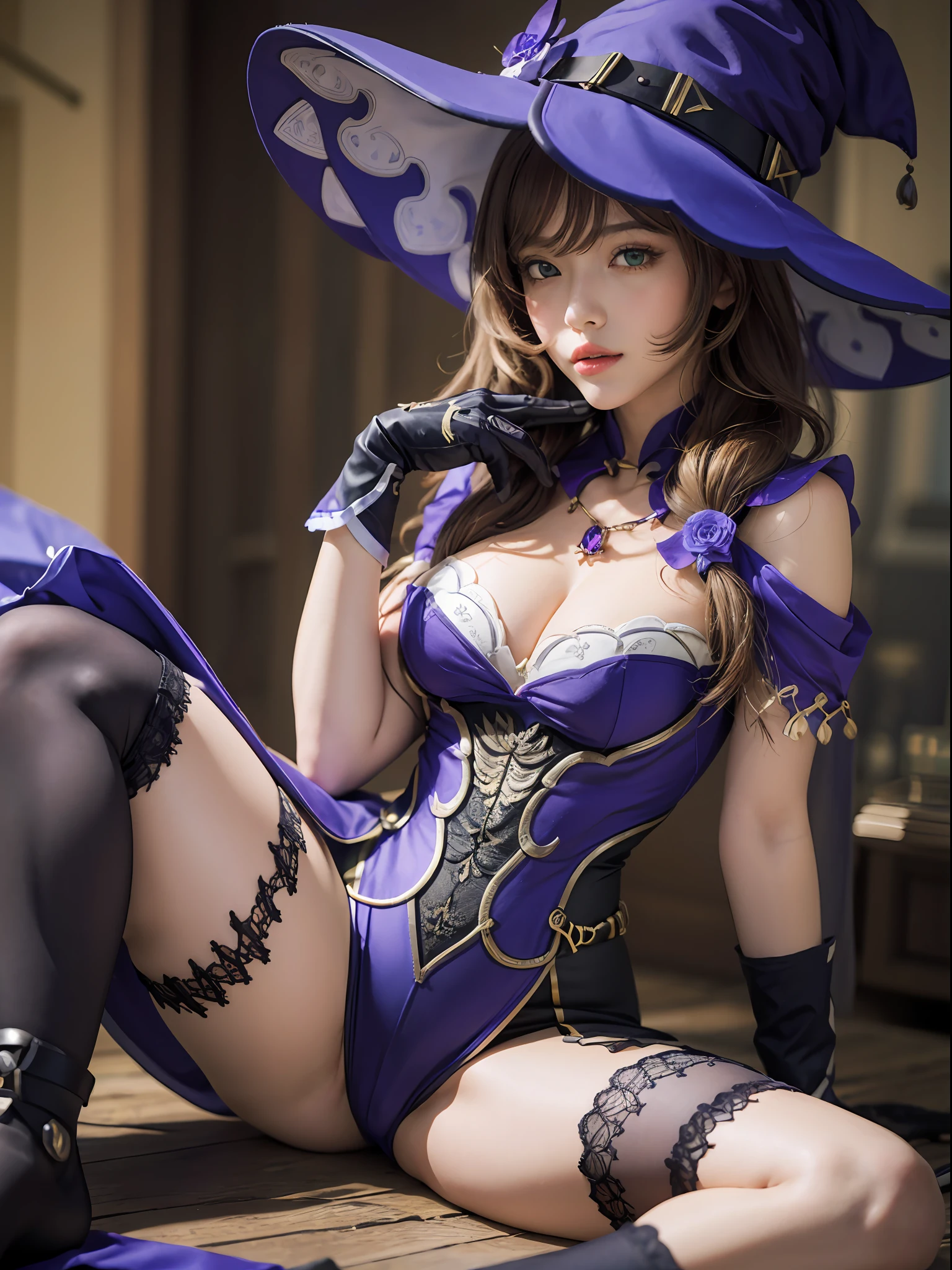 lisadef, 1girl, gloves, witch hat, brown hair, hat flower, green eyes, vision (genshin impact), thighhighs, flower, cleavage, black thighhighs, rose, large breasts, purple rose, multicolored dress, pelvic curtain, jewelry, purple dress, long hair, capelet, multicolored clothes, purple capelet, sit on the floor, full of books, full body, breast focus, spread legs, (masterpiece:1.2) (ultra detailed), (8k, intricate), (85mm), (highly detailed:1.2), (detailed background;1.2), (detailed face:1,5), (gradients), sfw, colorful, (detailed eyes:1.5),