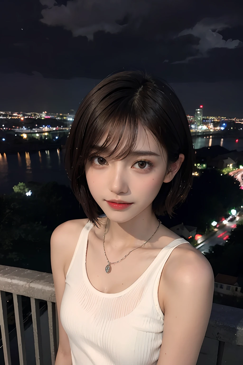 top-quality、masterpiece、超A high resolution、(realisitic:1.4)、(True skin texture:1.3)、the panorama、portlate、Very wide lens、Beautiful adult woman、Beautiful detail eyes and skin、Small Smile、Wet brown hair short cut hair、Small Bust、Small necklace、White sleeveless shirt that gets wet、Bright night view from the roof of a building in rainy weather、Bright night rain clouds、Rainy night city lights、Sateen、