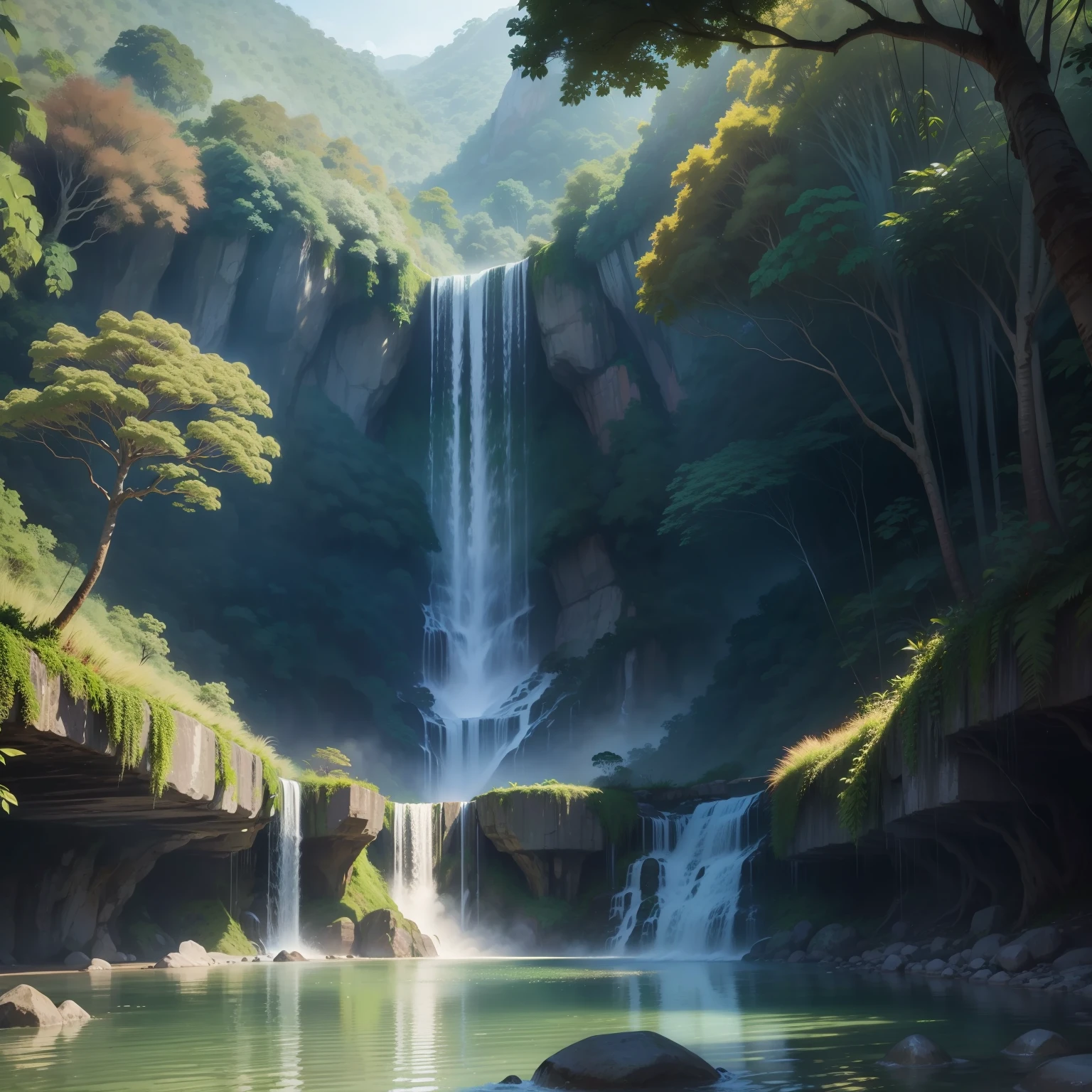 "Draw a waterfall in the jungle,The surrounding trees are lush,The waterfall is rapid,The water in the lake is clear。”