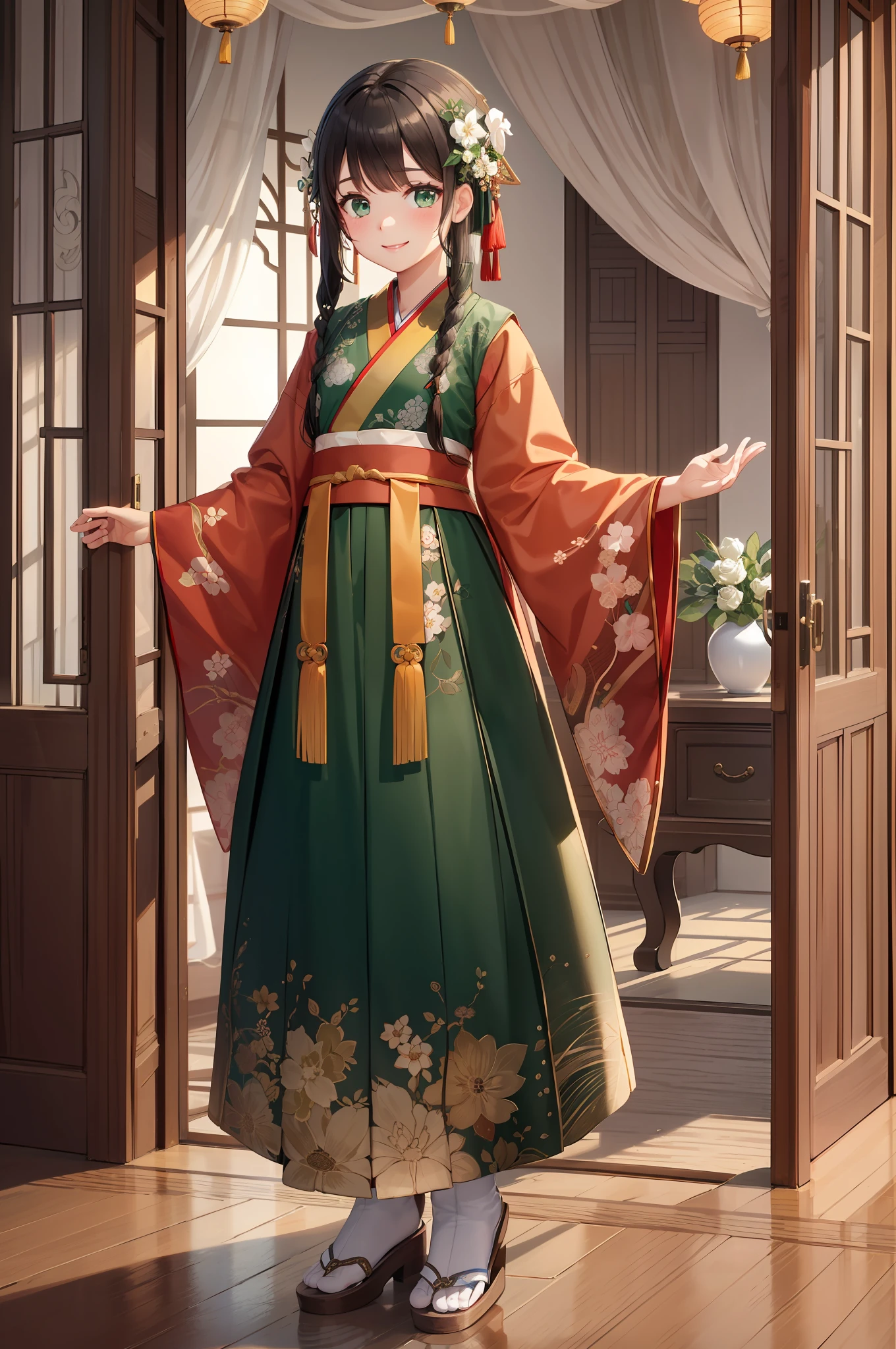 Top image quality, 1080p, high resolution, exquisite CG, girl, costume hairstyle, air bangs, smile, bright and beautiful eyes, long eyelashes, perfectly symmetrical face, radiant skin, long sleeve hanfu, (dark green embroidered hanfu), (delicate lingluo collar), Chinese room, classical furniture, lattice windows, curtains, antique style