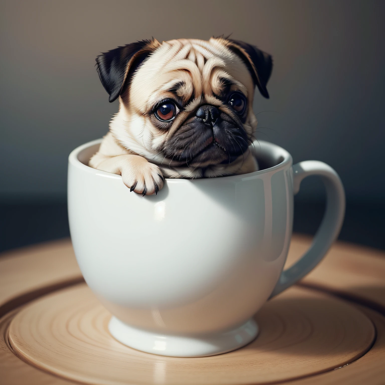 "Design a logo featuring a Pug holding a porcelain mug. The logo should be creative, visually appealing, and convey a sense of charm and warmth. The Pug should be prominently positioned, and the porcelain mug should be clearly visible in its paws. The design should be in full color and can include any complementary elements to enhance the overall aesthetics. Feel free to explore various styles and art directions. Looking forward to seeing your creative interpretation of this adorable combination! Thank you!"