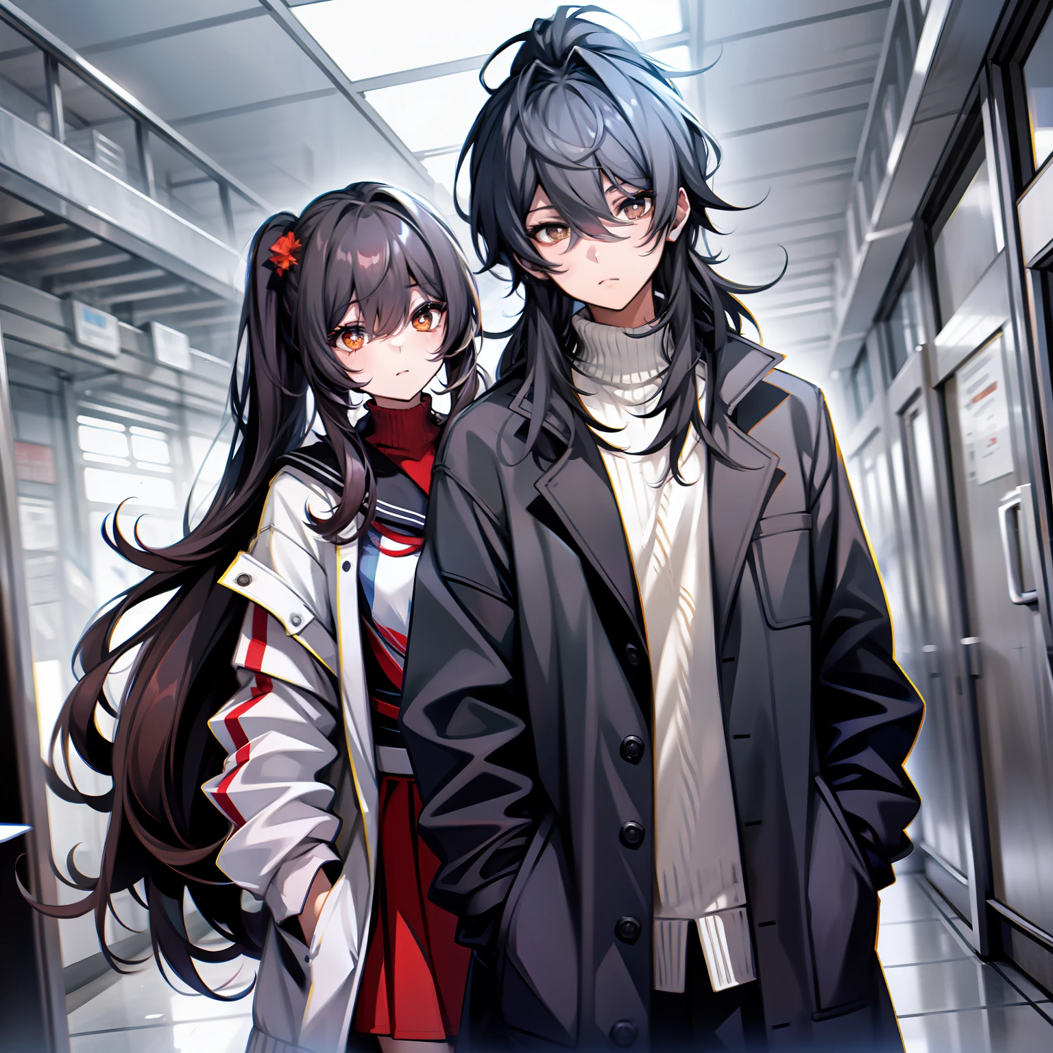 two guys,with long straight hair,Female high school student without a ponytail, a sailor suit,No coat, Crush a tall young man with a high ponytail to the ground