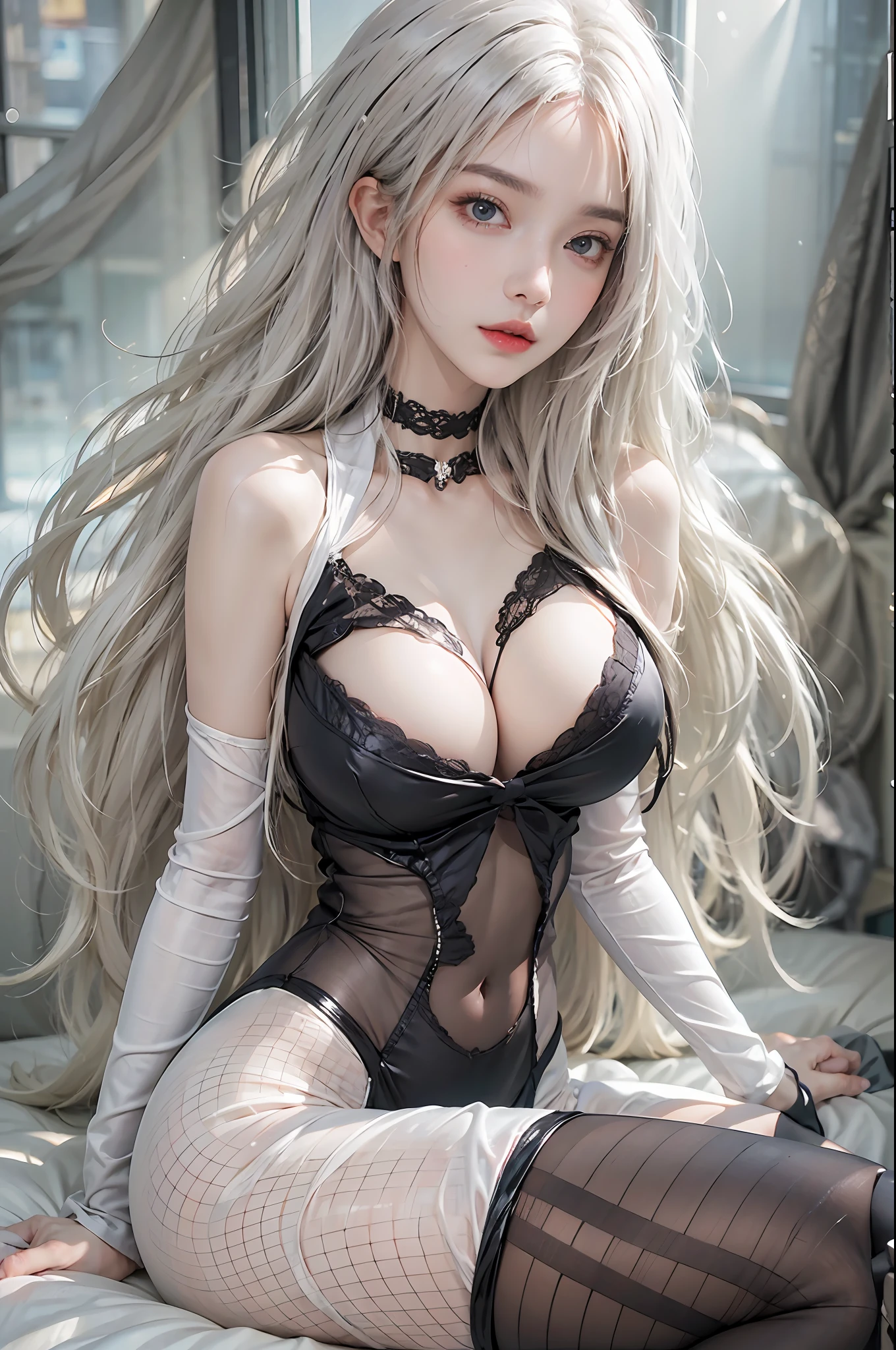 photorealistic, high resolution, 1 girl, hips up, white long hair, beautiful eyes, huge breast, fishnets, lingerie, see-through, bodysuit, pantyhose, bare shoulders, halter neck