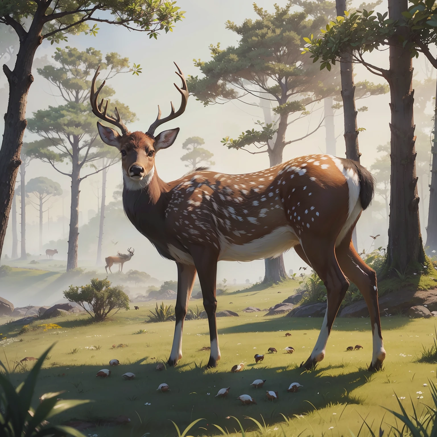 A BEAUTIFUL (1DEER) WITH WHITE ROUND SPOTS ON THIS BODY IS ROAMING HAPPILY ON THE OPEN GROUND, (VEGETATION:1.2), (MIST:0.8), (DEW DROPS:0.6), ((HAZE)), COLOURFUL BIRDS FLYING AROUND, HIGHLY DETAILED DEER, HIGHLY DETAILED VEGETATION, DETAILED SURROUNDING, ((NATURE:1.6)), BIRDS CHIRPING, RAYTRACING, RTX, UNREAL ENGINE 5