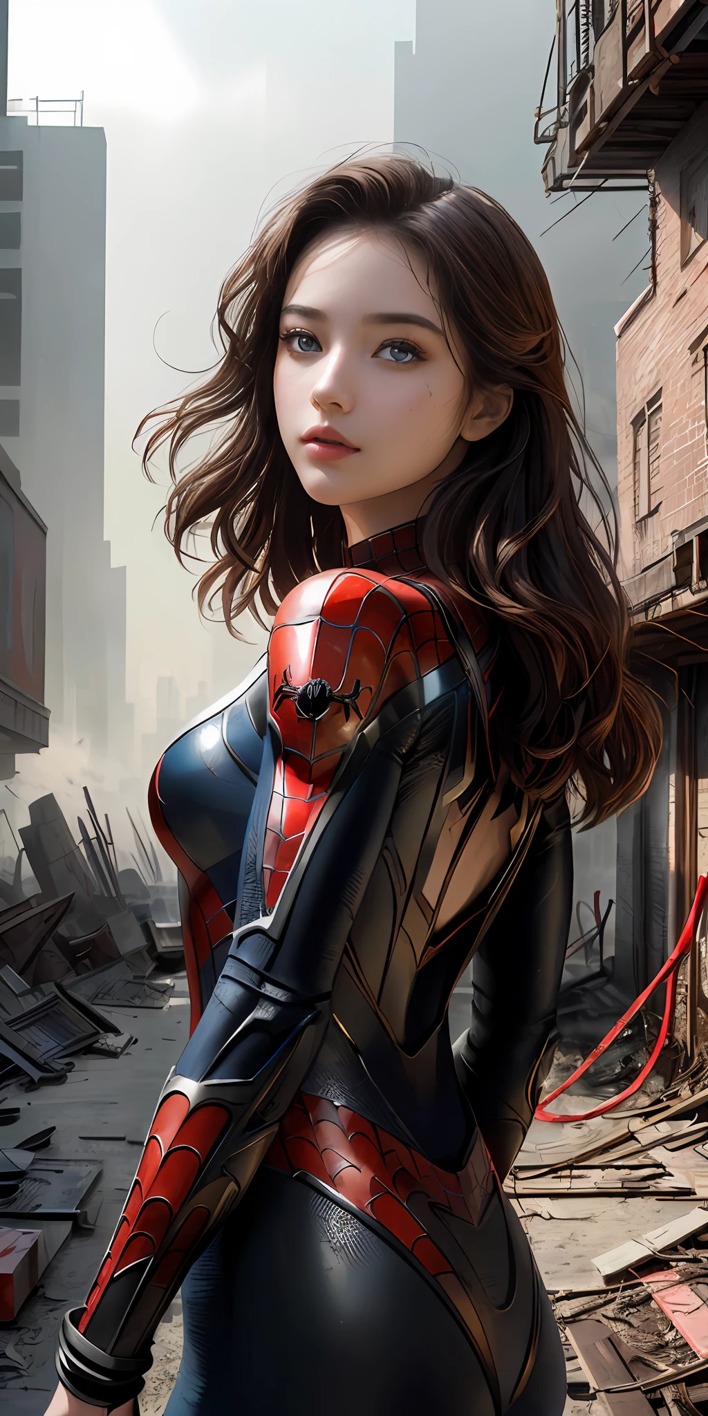 (1girl:1.3), solo, (((extremely detailed face))),(((extremely detailed eyes and face))),beautiful detailed eyes,body-parts__, official art, unified 8k wallpaper, super detailed, beautiful and aesthetic, beautiful, masterpiece, best quality, raw, masterpiece, super fine photo, best quality, super high resolution, photorealistic realism, sunlight, full body portrait, amazing beauty,, dynamic pose, delicate face, vibrant eyes, (from the front), she is wearing a Spider-man suit, red and black color scheme, spider, very detailed abandoned warehouse background, Detailed face, detailed complex busy background, messy, gorgeous, milky white, highly detailed skin, realistic skin details, visible pores, sharp focus, volumetric fog, 8k uhd, DSLR, high quality, film grain, fair skin, photo realism, lomography, huge metropolis in future dystopia, seen from below, translucent