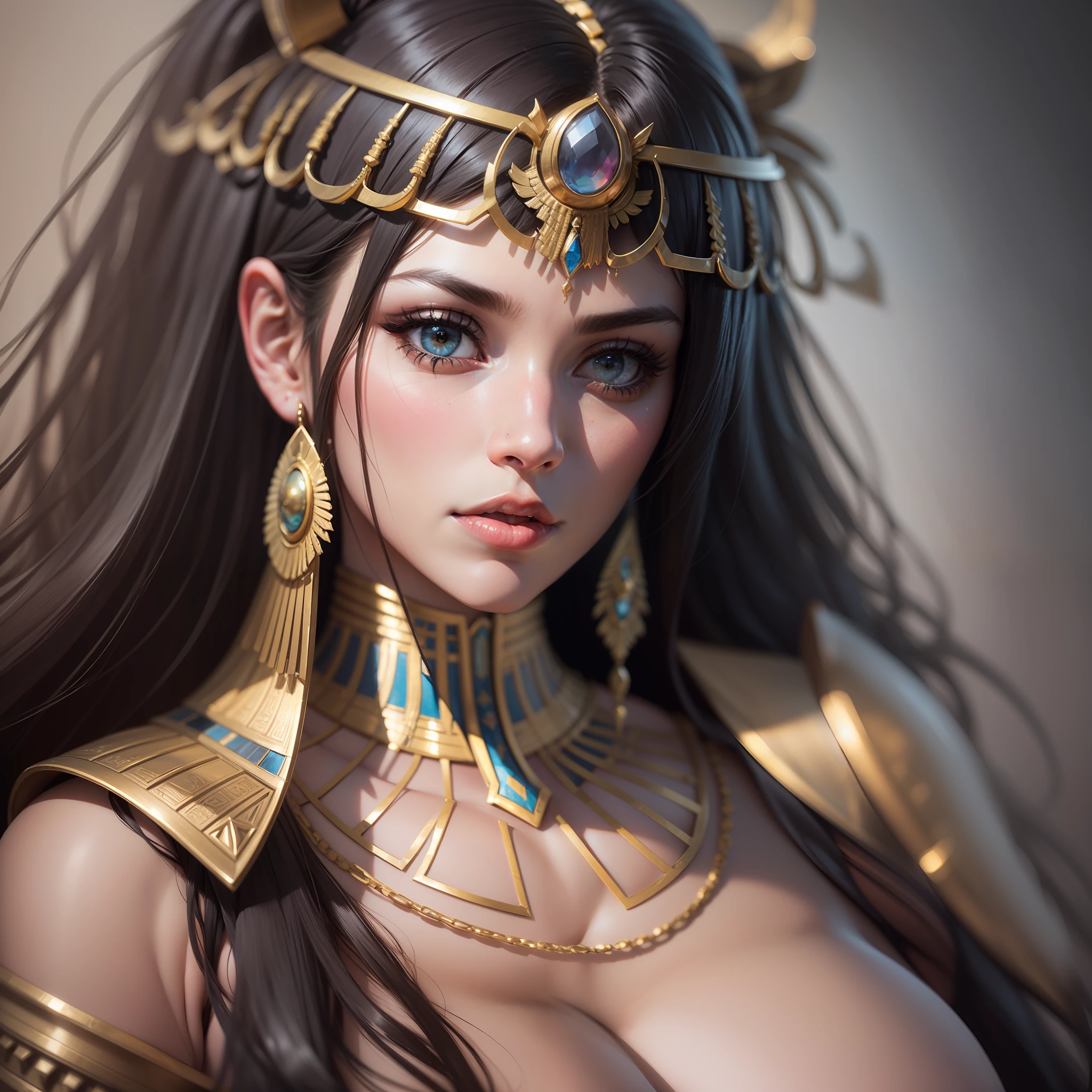 beautiful egyptian goddess, cleopatra ((large breasts, neckline, thick thighs, hourglass figure)), photorealistic, photo, masterpiece, realistic, realism, photorealism, high contrast, photorealistic digital art trend in Artstation 8k HD high definition detailed realistic, detailed, skin texture, hyper detailed, realistic skin texture, armor, best quality, ultra high res, (photorealistic: 1.4),, high resolution, detailed, raw photo, Sharp Re, by Lee Jeffries Nikon D850 Film Stock Photography 4 Kodak Portra 400 Camera F1.6 Lens Rich Colors Hyper Realistic Texture Dramatic Lighting UnrealEngine Trend on Artstation Cinestill 800,