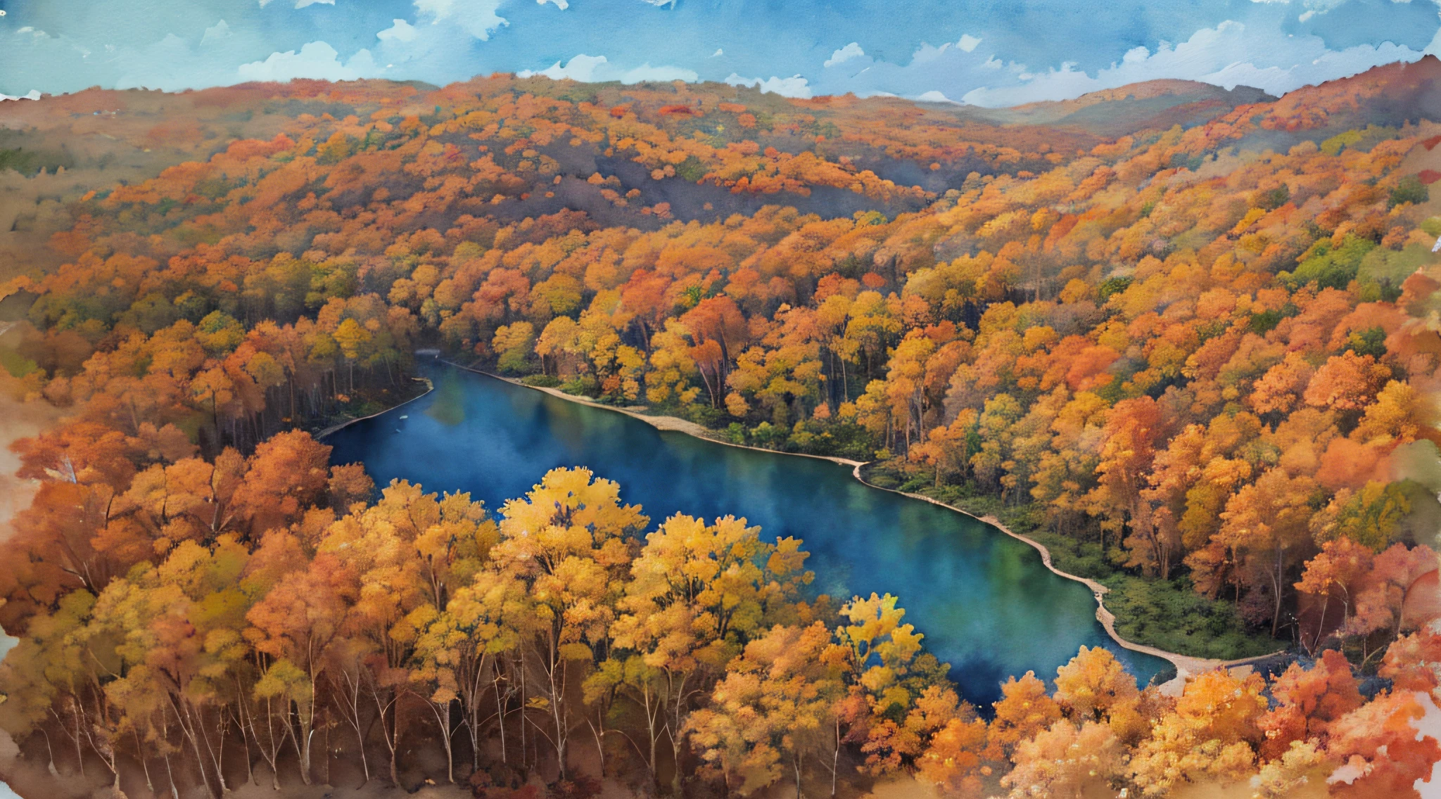 forest, nature, aerial view, (night: 1.2), ((natural lighting)), clear focus, (long shot: 1.1), (watercolor 1.2), painting, (autumn: 1.2), studio ghibli
